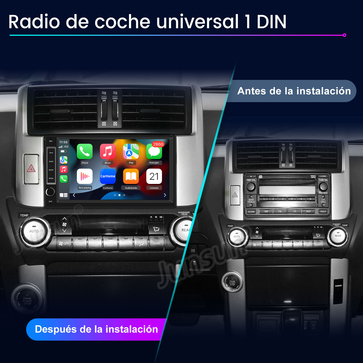 Porównanie radia samochodowego przed i po instalacji.