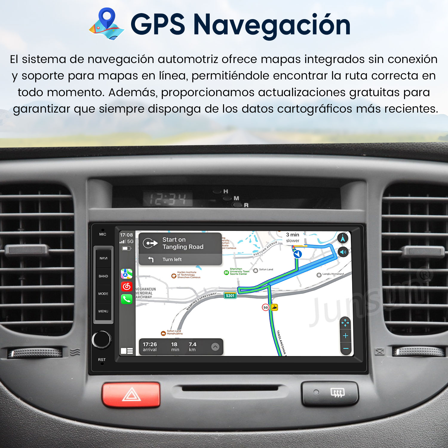 Nawigacja GPS na ekranie radia samochodowego pokazująca trasę.