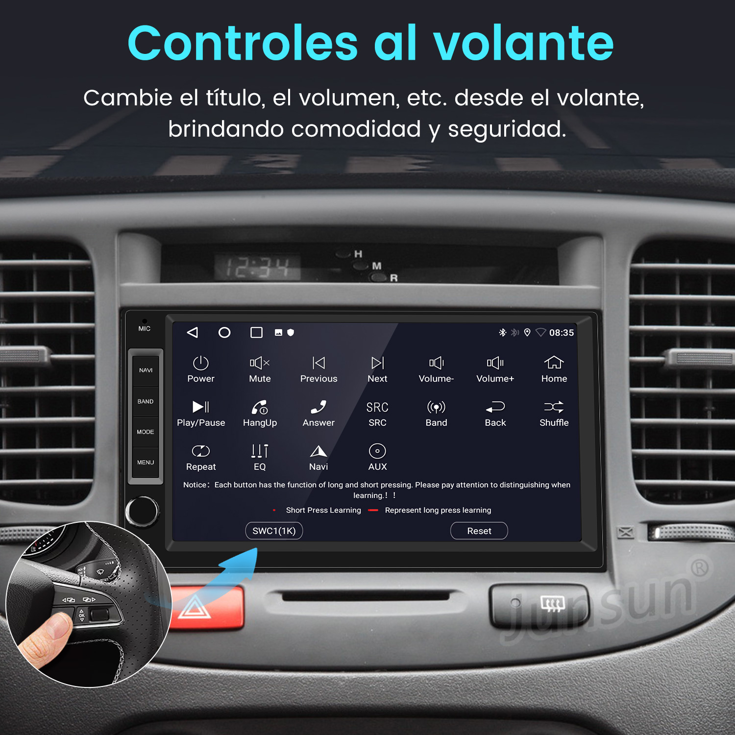 System Infotainment w samochodzie z przyciskami na kierownicy i funkcjami.