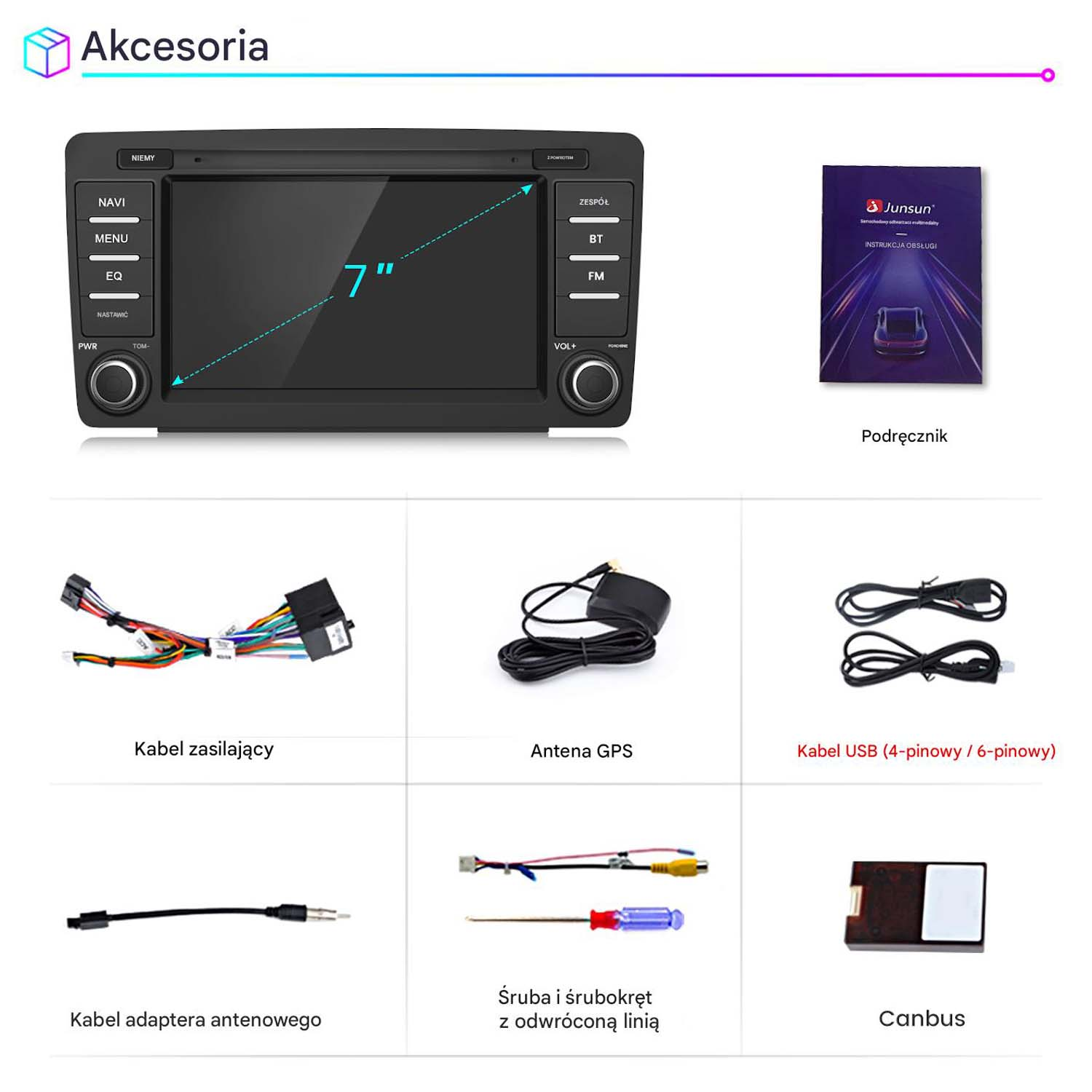Radio samochodowe 7 cali z akcesoriami: kable, antena, USB, instrukcja.
