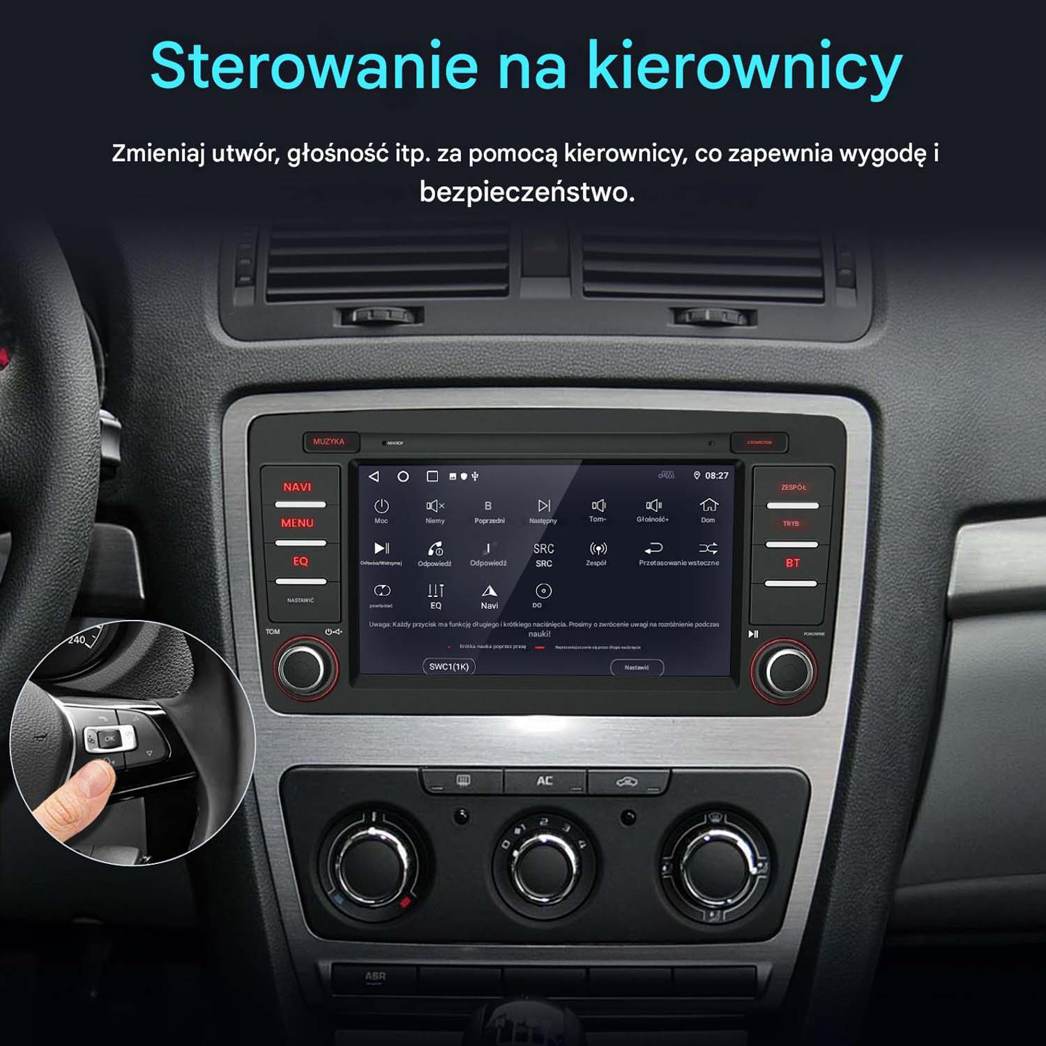 Zbliżenie na samochodowy system multimedialny i przyciski na kierownicy. Palec naciska przycisk.