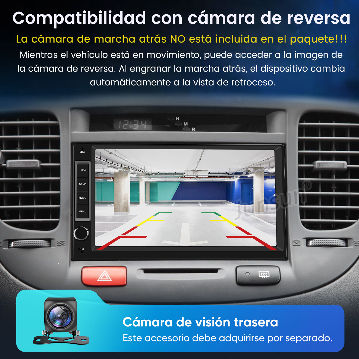 Radio samochodowe wyświetla widok z kamery cofania parkingu z liniami pomocniczymi.