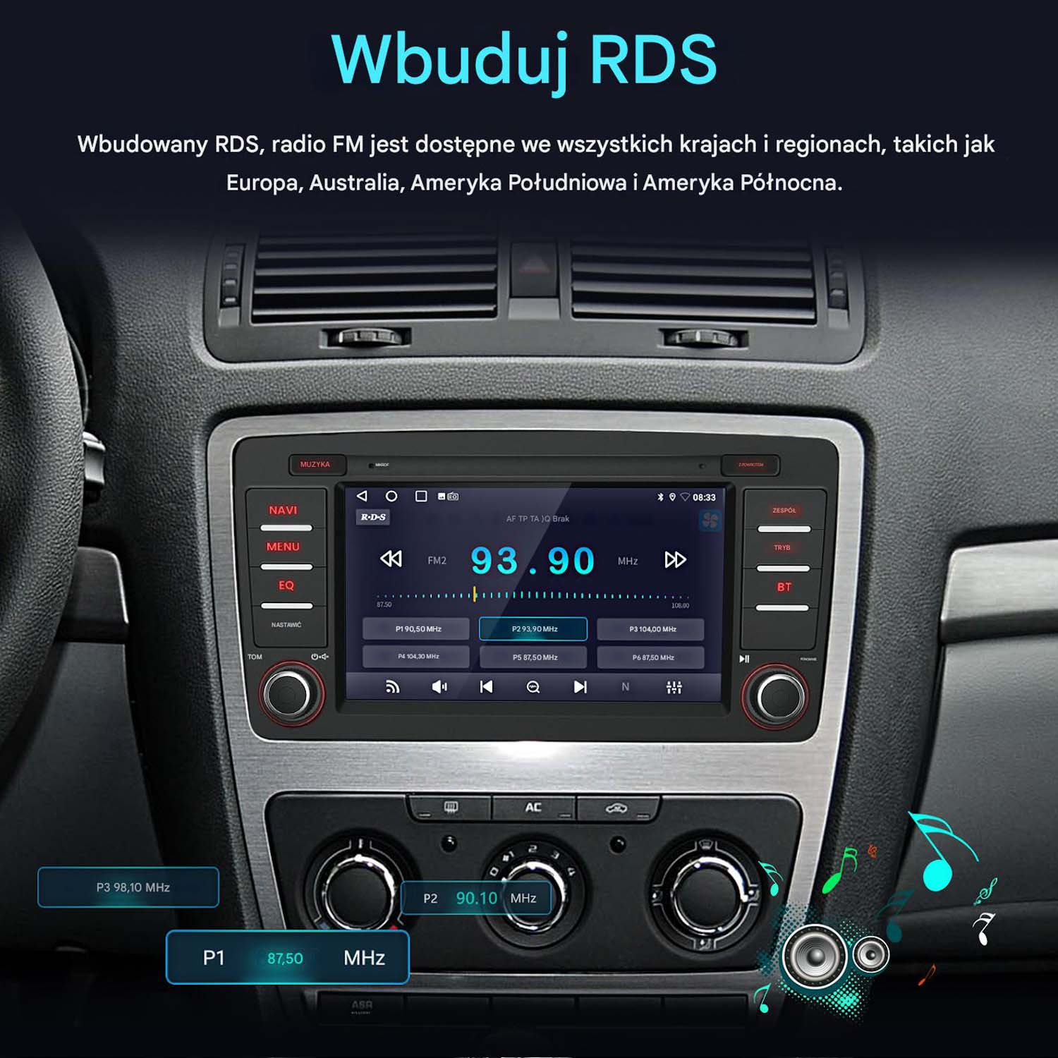 Radio samochodowe wyświetla radio FM z zaprogramowanymi stacjami.