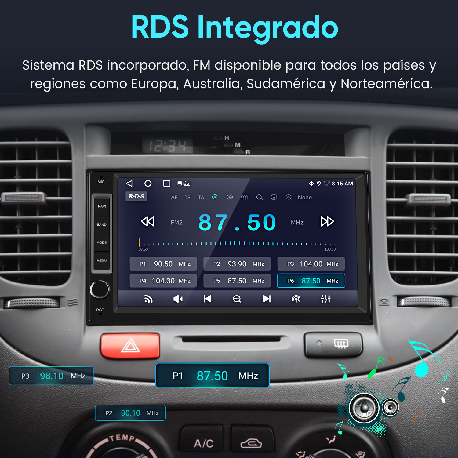 Ekran radia samochodowego pokazuje FM2 87,50 MHz i zaprogramowane częstotliwości.