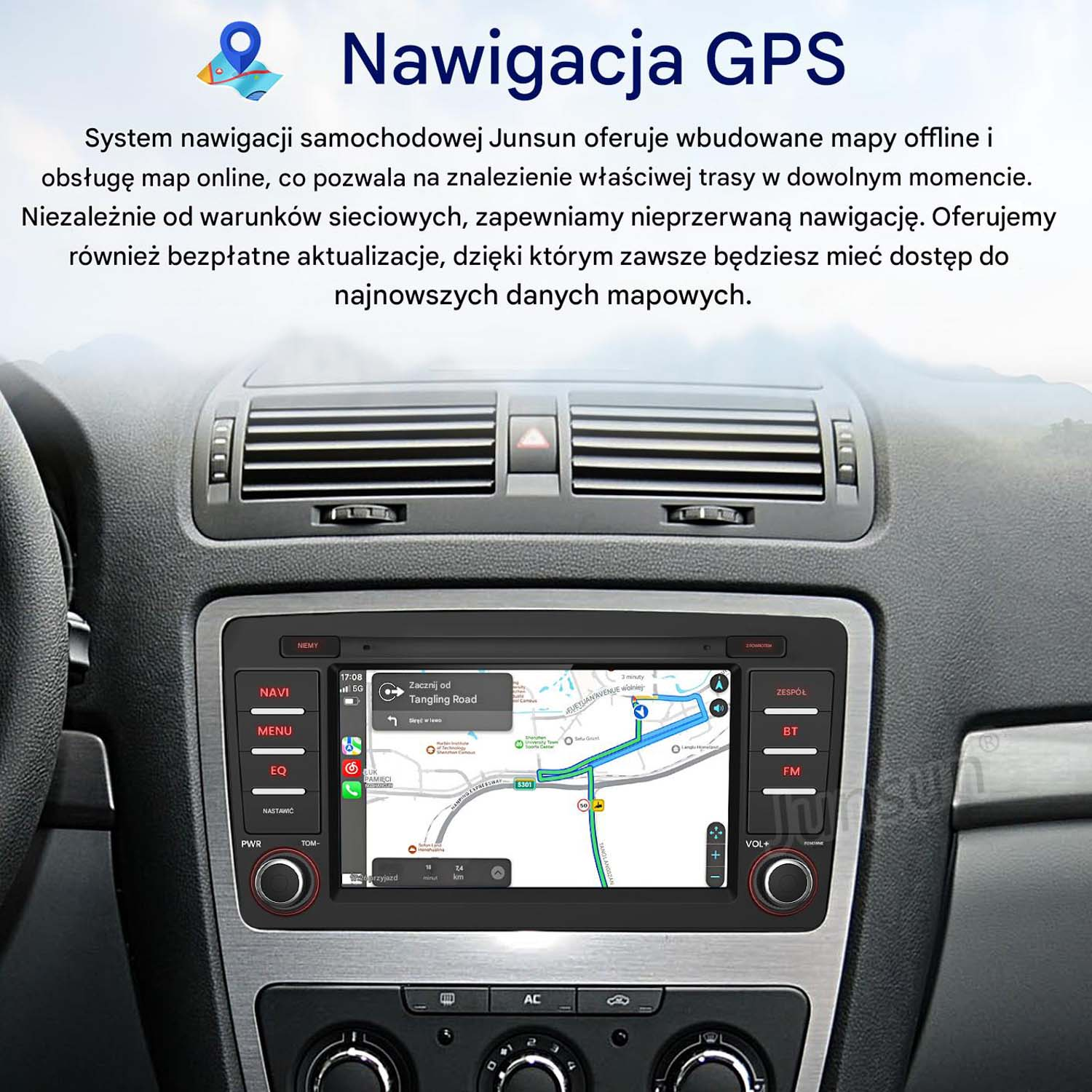 Deska rozdzielcza samochodu z ekranem nawigacji GPS pokazującym trasę.