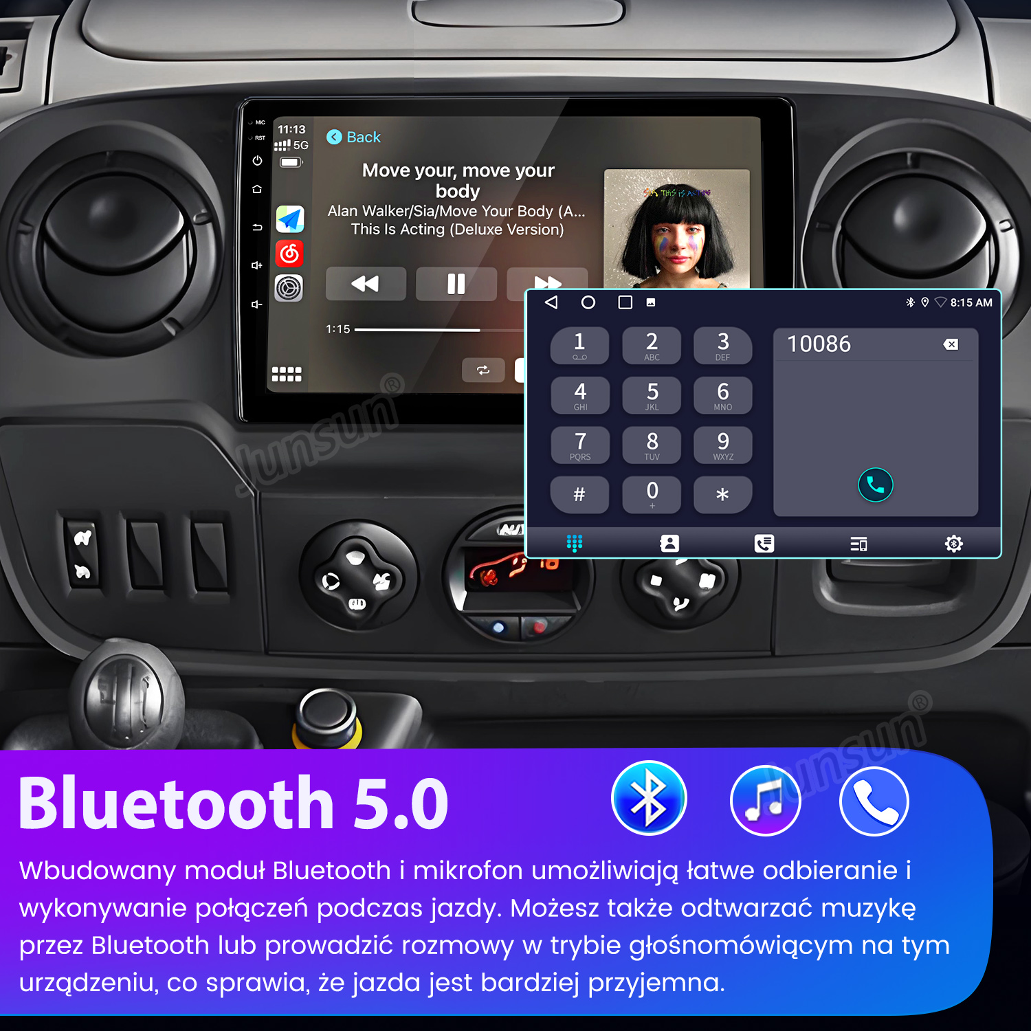Radio samochodowe z ekranem dotykowym pokazuje muzykę i tel. Bluetooth 5.0.