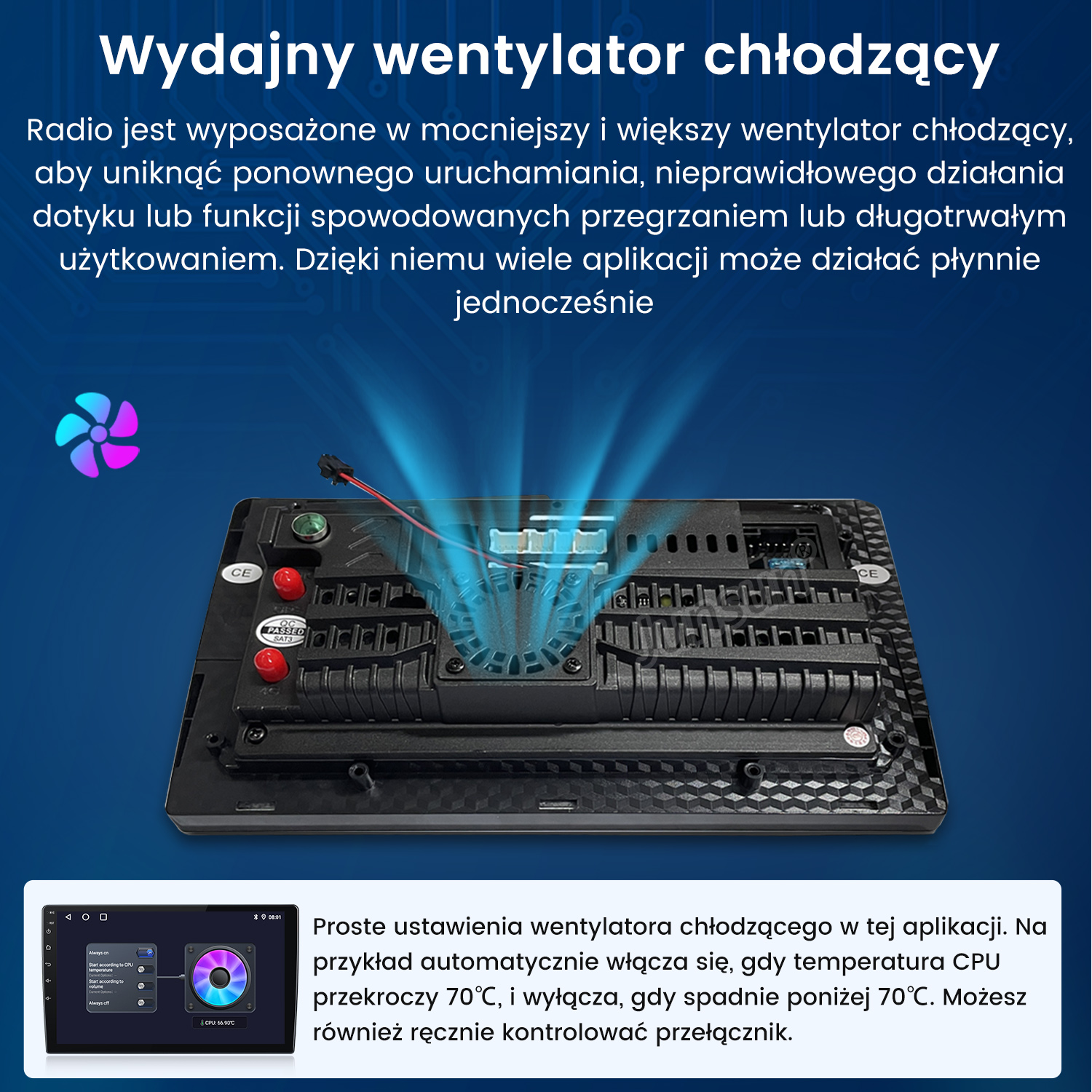 Tył radia samochodowego z wentylatorem dmuchającym niebieskie powietrze. Ekran z aplikacją wentylatora na dole.