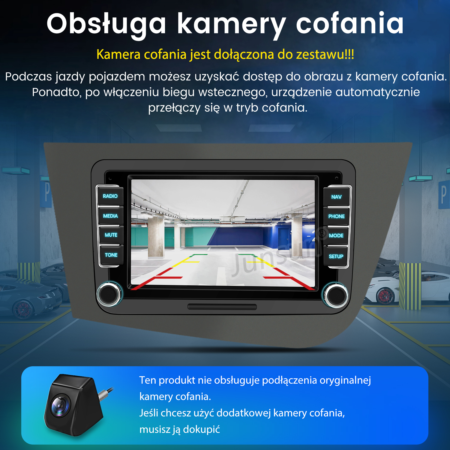 Wnętrze samochodu z ekranem kamery cofania i osobną kamerą.