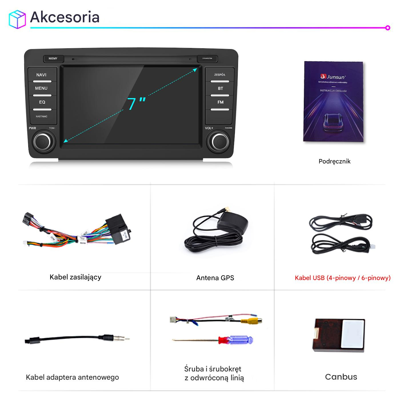 Radio samochodowe 7 cali z akcesoriami: kable, antena, USB, instrukcja.