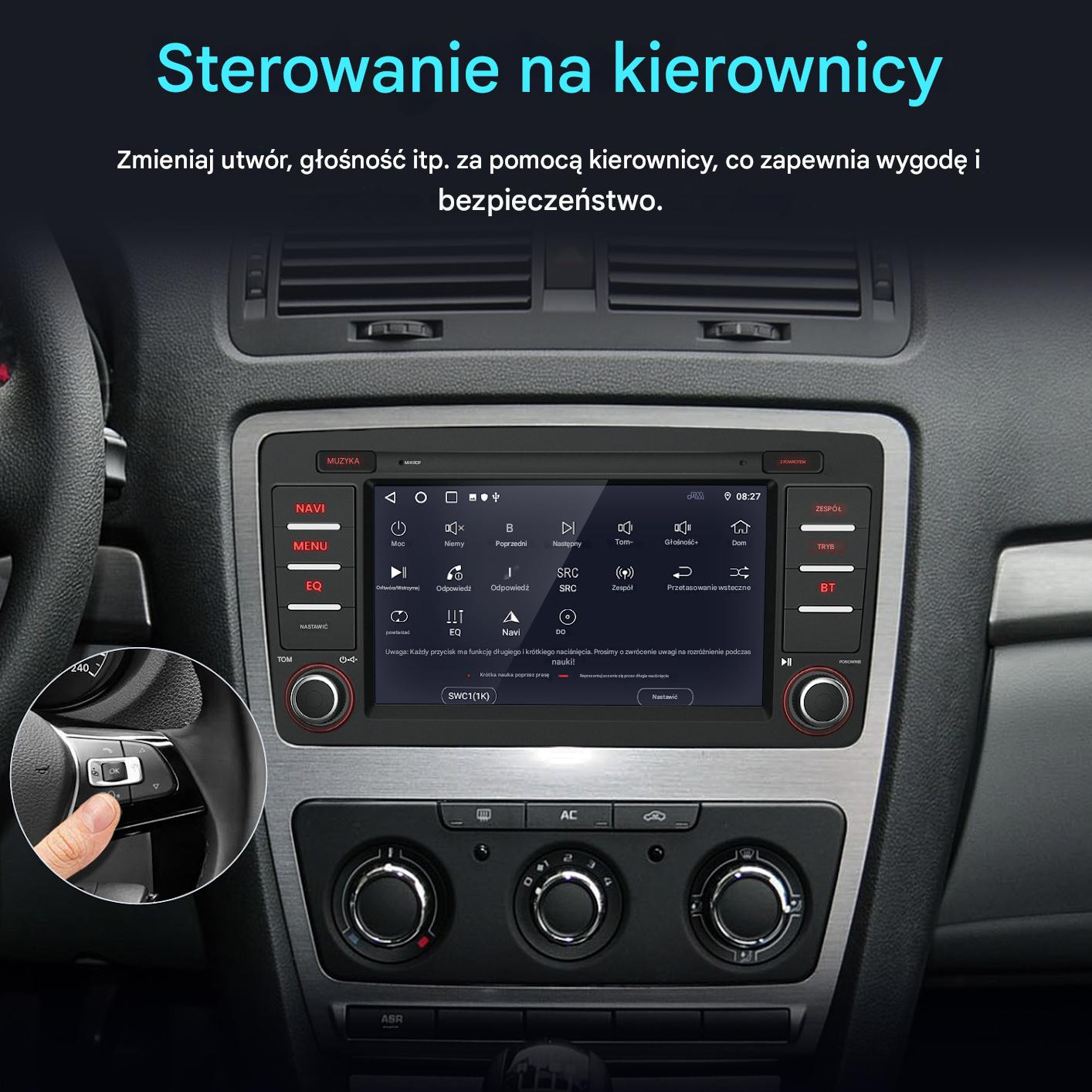 Deska rozdzielcza samochodu z systemem multimedialnym z ekranem dotykowym i fizycznymi elementami sterującymi, z nakładką tekstową w języku polskim.