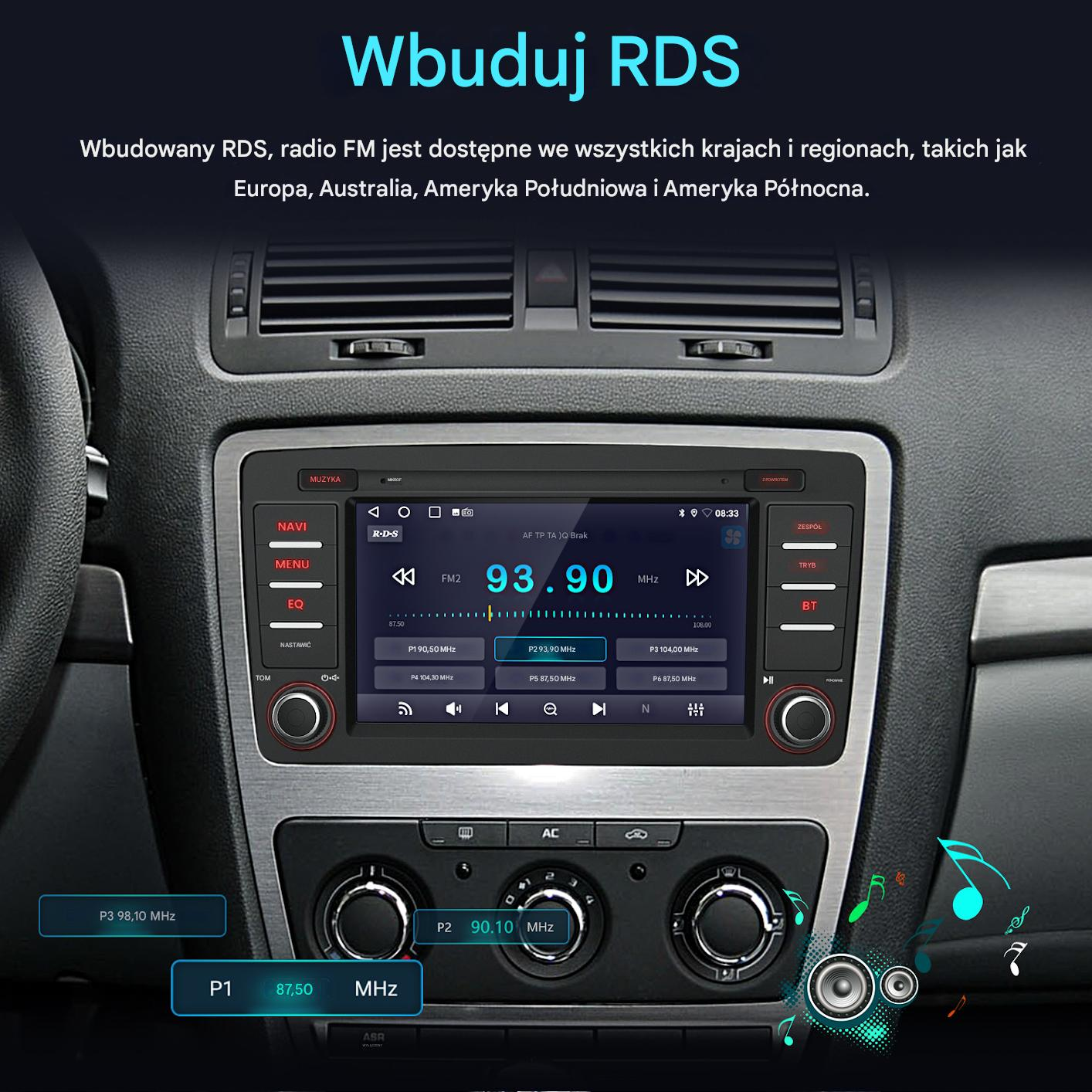 Radio samochodowe z RDS wyświetla 93,90 MHz FM2. Widoczne są ustawienia.