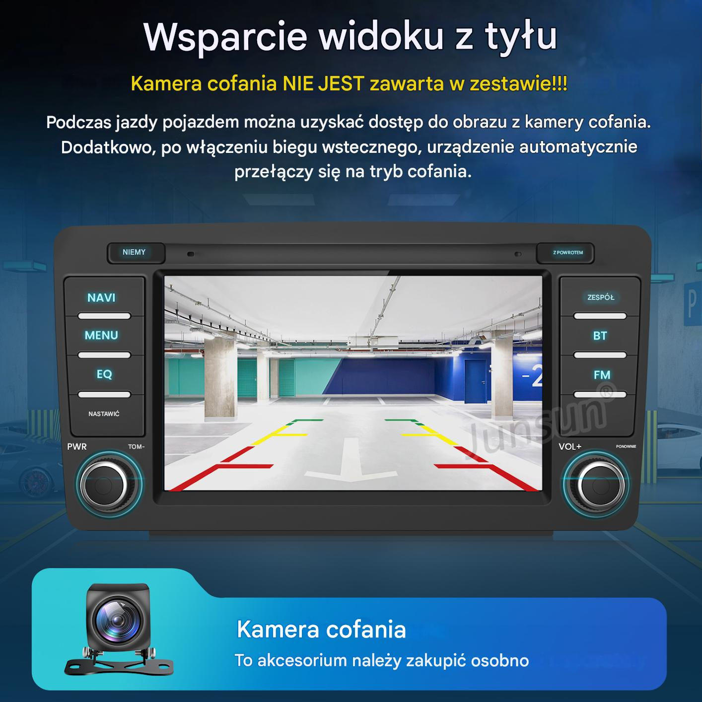 Ekran multimedialny samochodu z widokiem z kamery cofania i przyciskami.