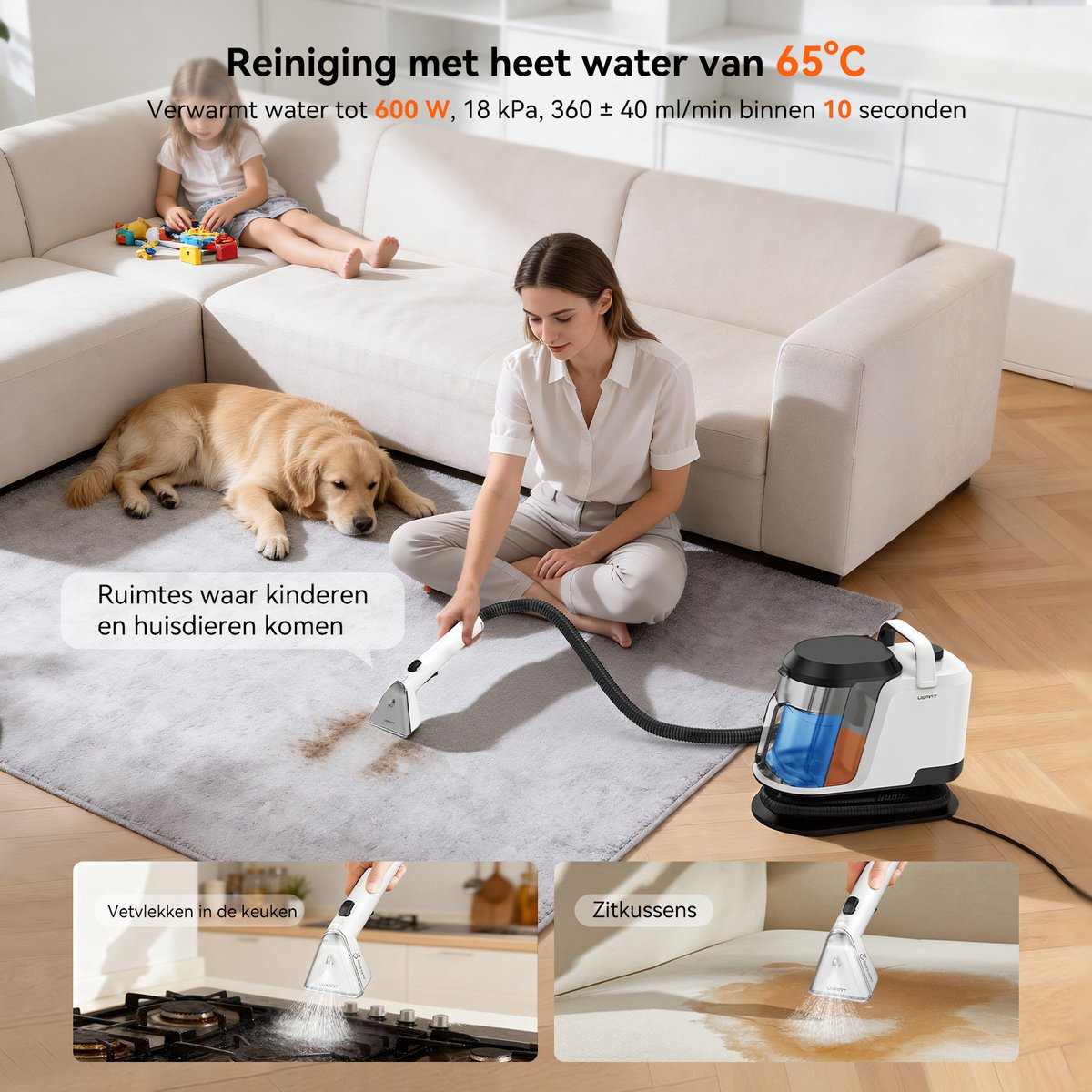 Kobieta czyści dywan gorącą wodą. Pies i dziecko w tle.