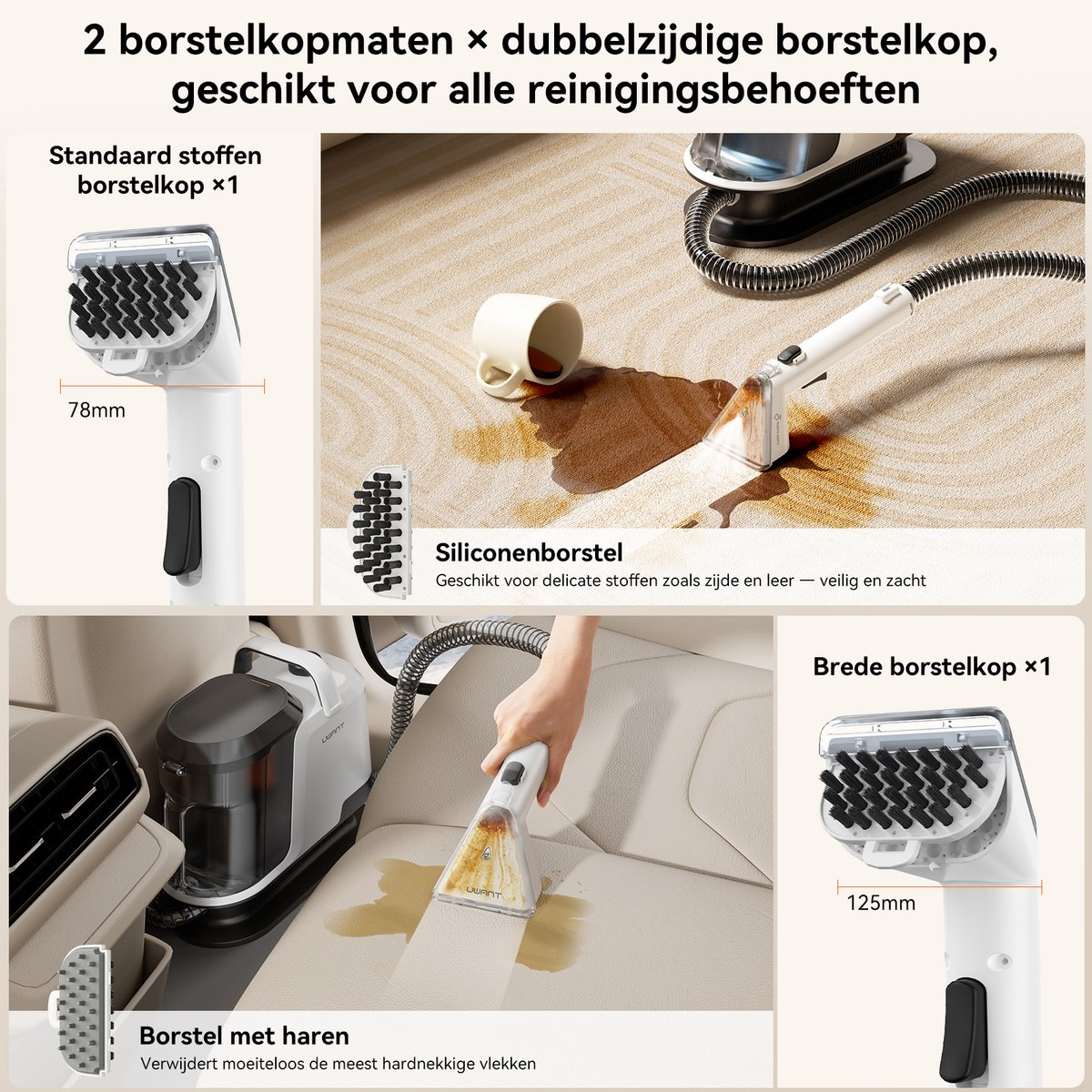 Urządzenie czyszczące z różnymi nasadkami do usuwania plam z dywanów i tapicerki.