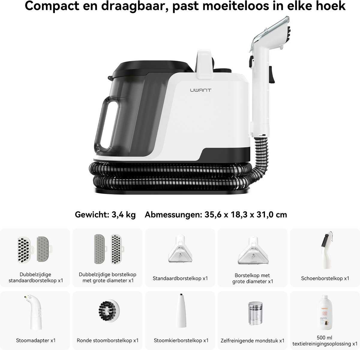 A white and black steam cleaner with various attachments. Weight and dimensions are listed.