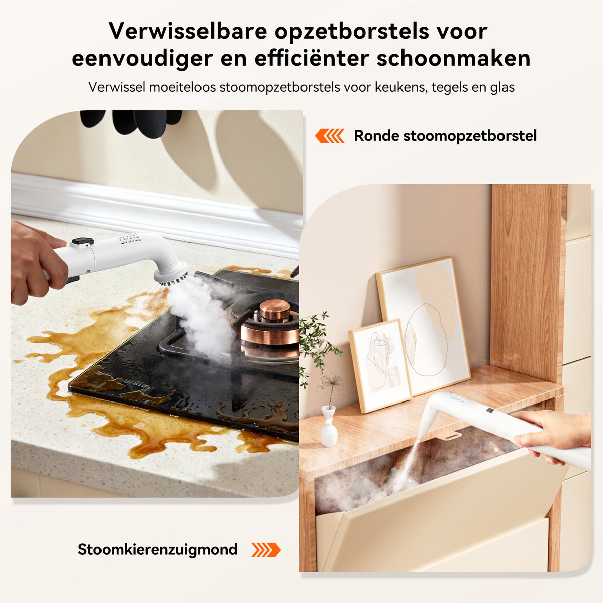 Parownica czyści płytę kuchenną i szufladę różnymi nasadkami.