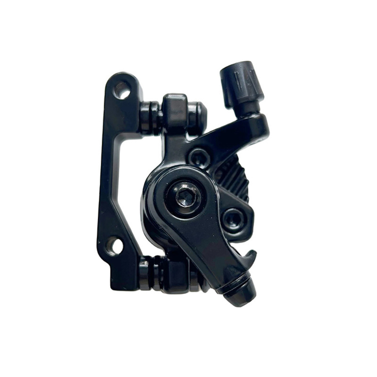 Czarny hamulec rowerowy ze śrubami i dźwigniami, na białym tle.