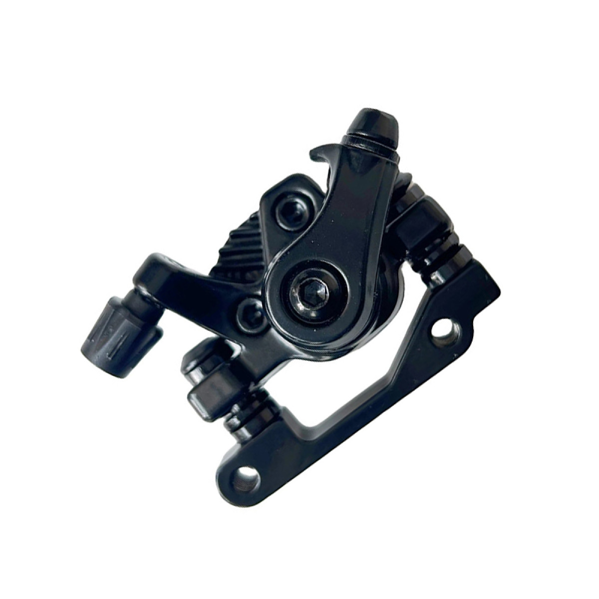 Czarny zacisk hamulca tarczowego roweru ze śrubami i sprężynami.