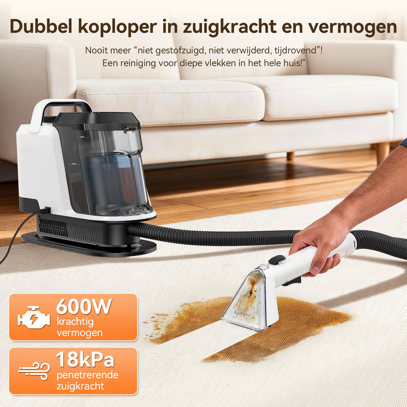 Biały i czarny odkurzacz do dywanów z wężem i rękojeścią na beżowym dywanie.