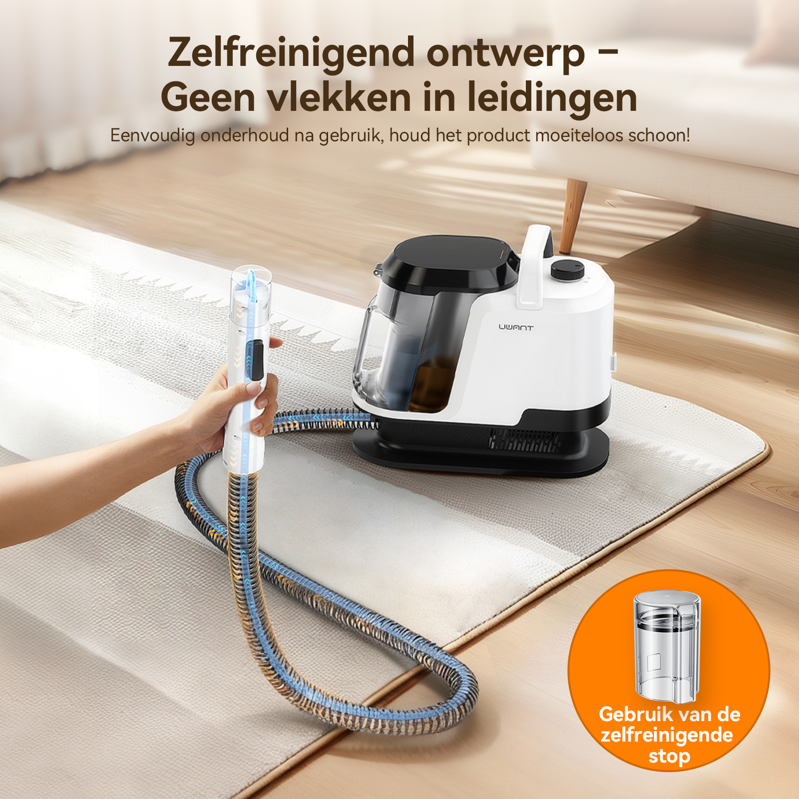 A white floor cleaner with a black lid and a hose held by a hand.