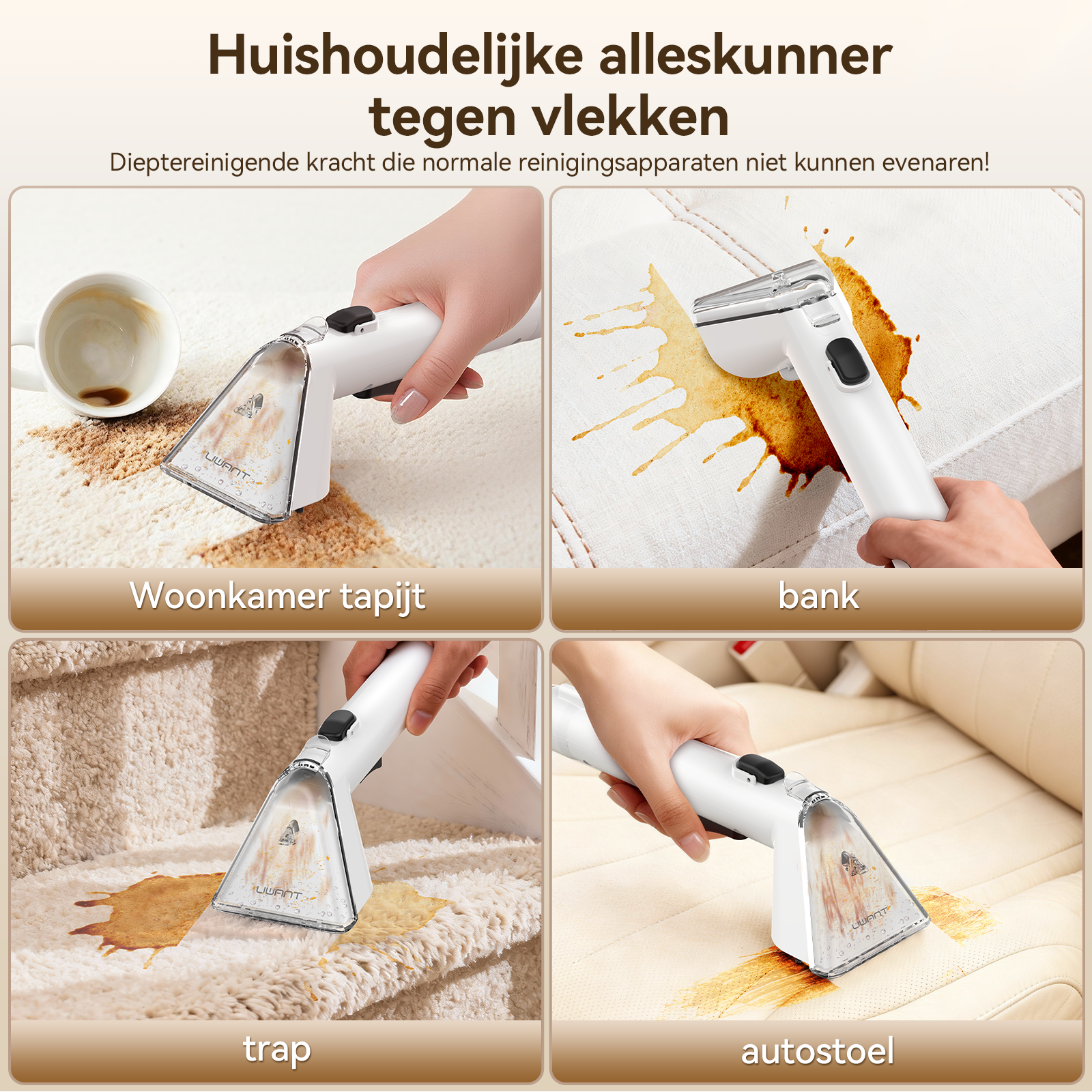 Cztery obrazy pokazują czyścik usuwający plamy z dywanu, sofy, schodów i siedzenia samochodowego.