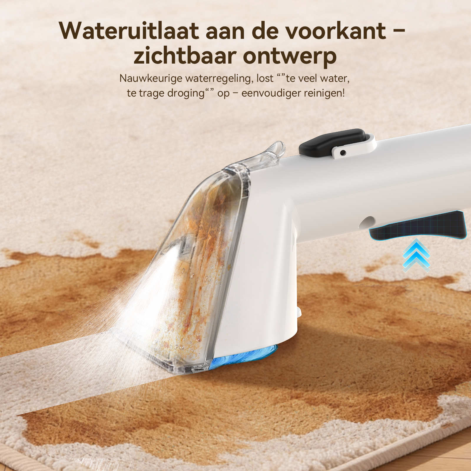 Odkurzacz do dywanów rozpyla wodę na brudny dywan.