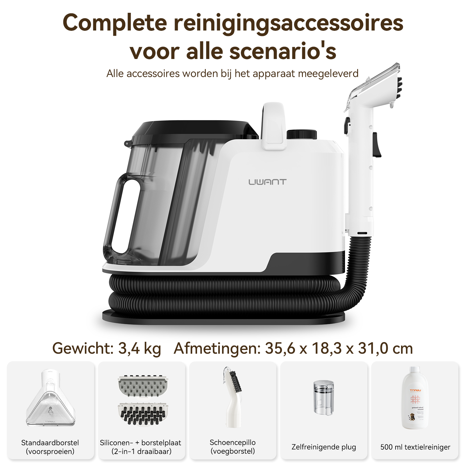A white and black cleaning machine with accessories: brushes, plug, and cleaner.