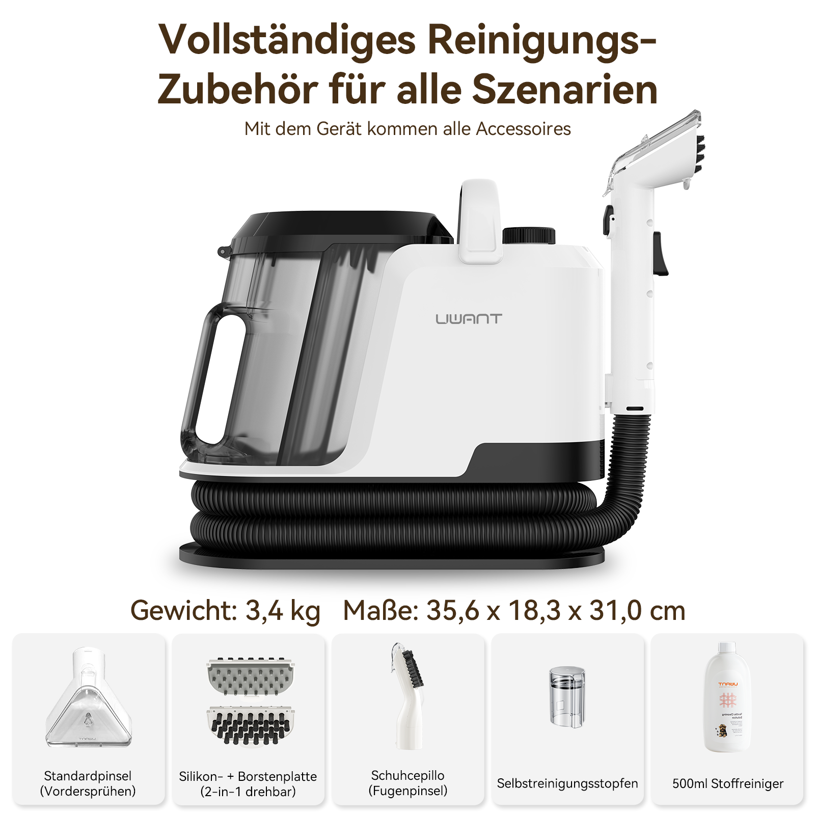 Un aspirateur eau et poussière blanc et noir avec accessoires : brosses, bouteilles et plus.