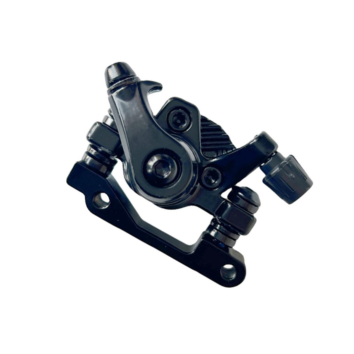 Czarny zacisk hamulca rowerowego ze śrubami i pokrętłem regulacyjnym.