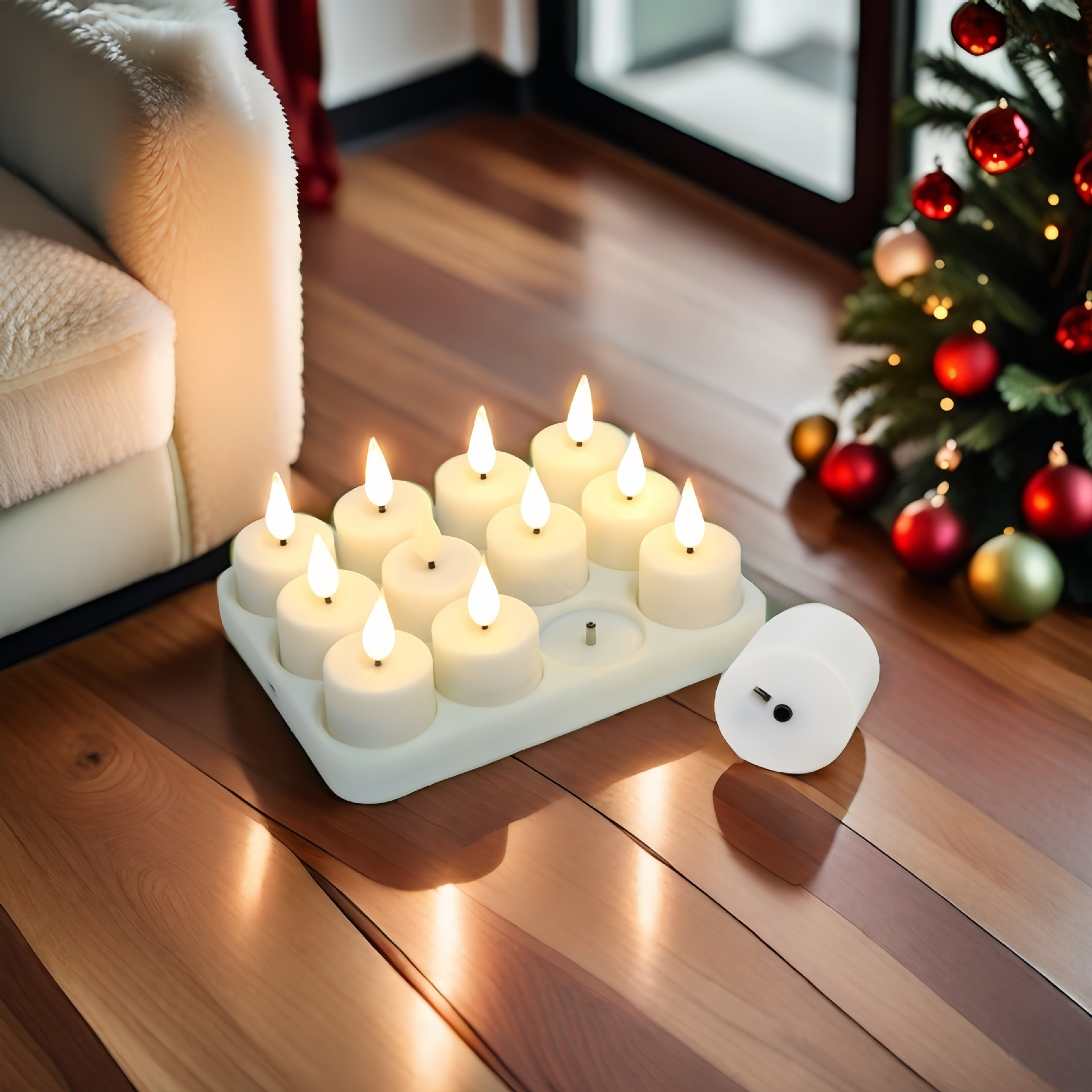 Świece elektryczne na drewnianej podłodze z choinką w tle.