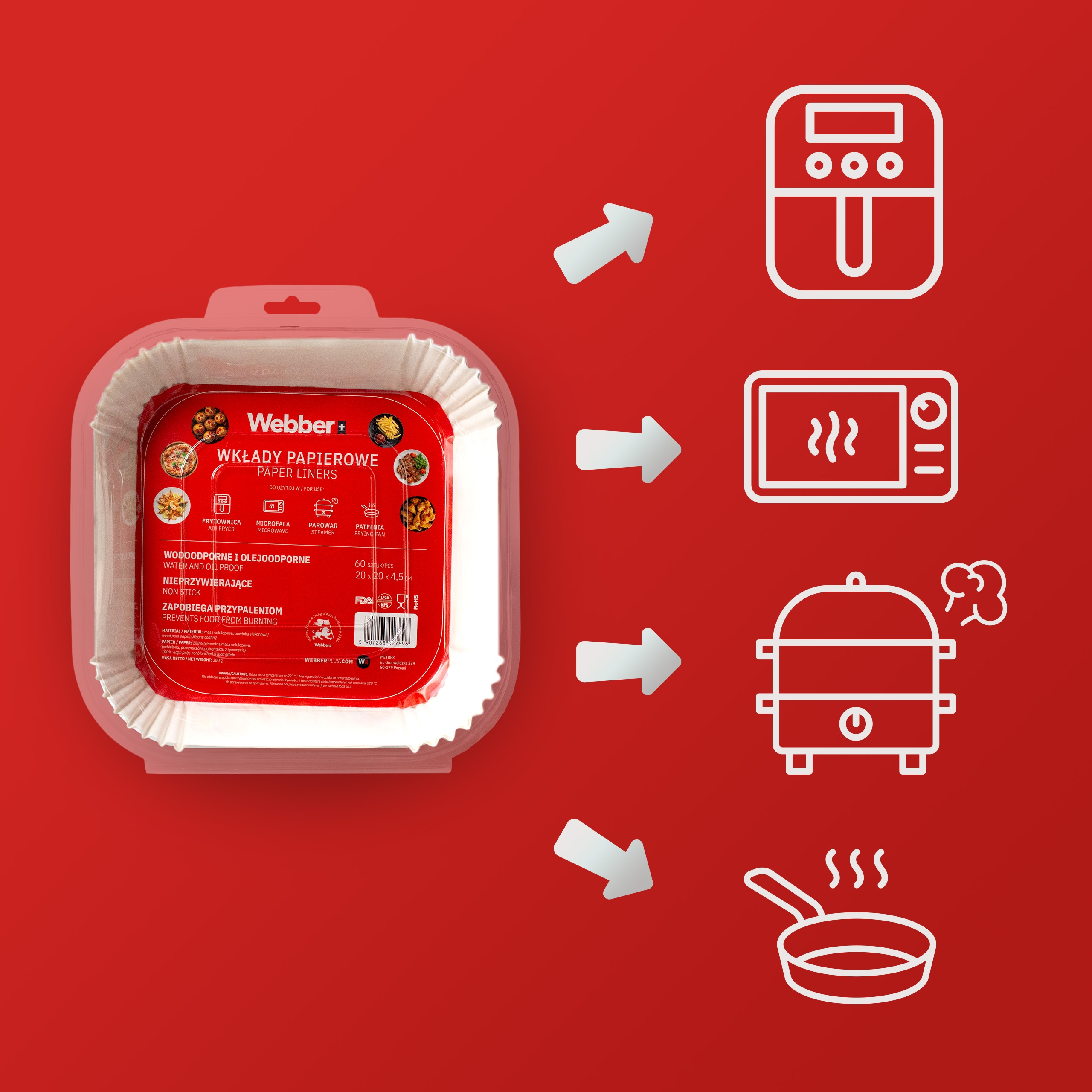 Opakowanie papierowych wkładów Webber do frytownic, mikrofalówek, parowarów i patelni.