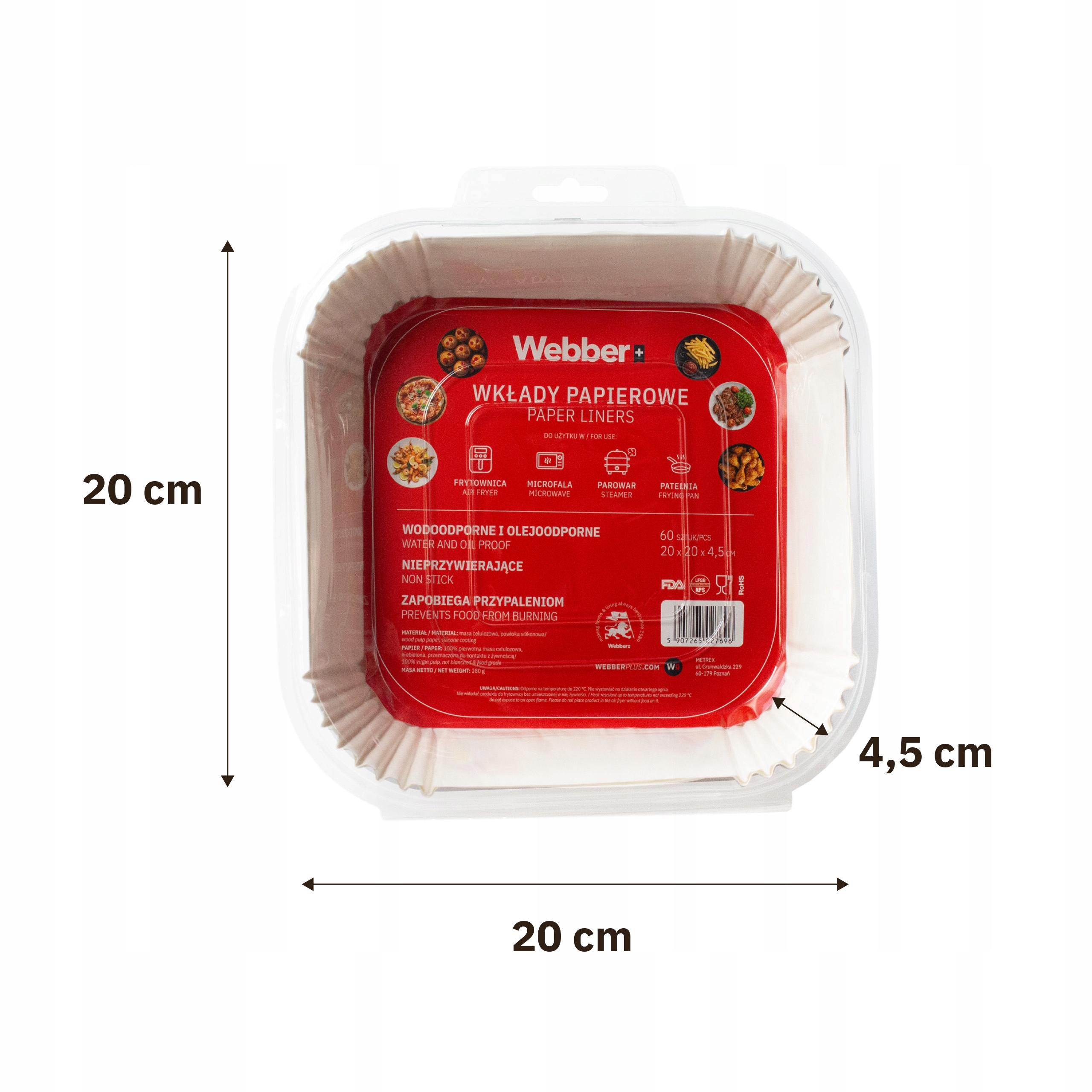 Opakowanie 60 białych papierowych wkładek, 20x20x4,5cm, wodoodporne.