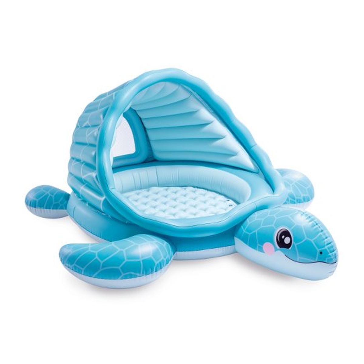 Piscina gonfiabile azzurra a forma di tartaruga con baldacchino.