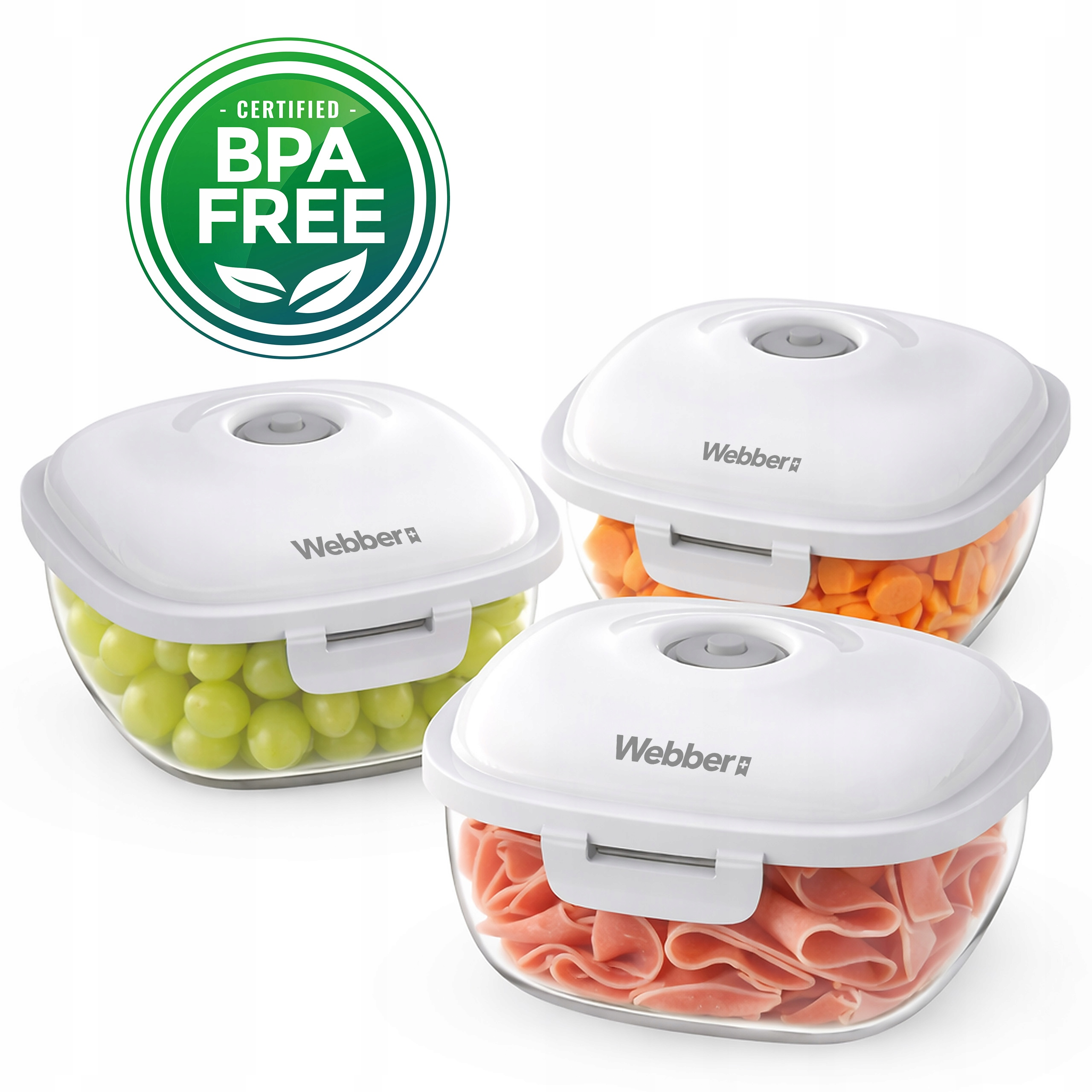 Trzy przezroczyste pojemniki z białymi pokrywkami, wypełnione winogronami, marchewką i szynką.