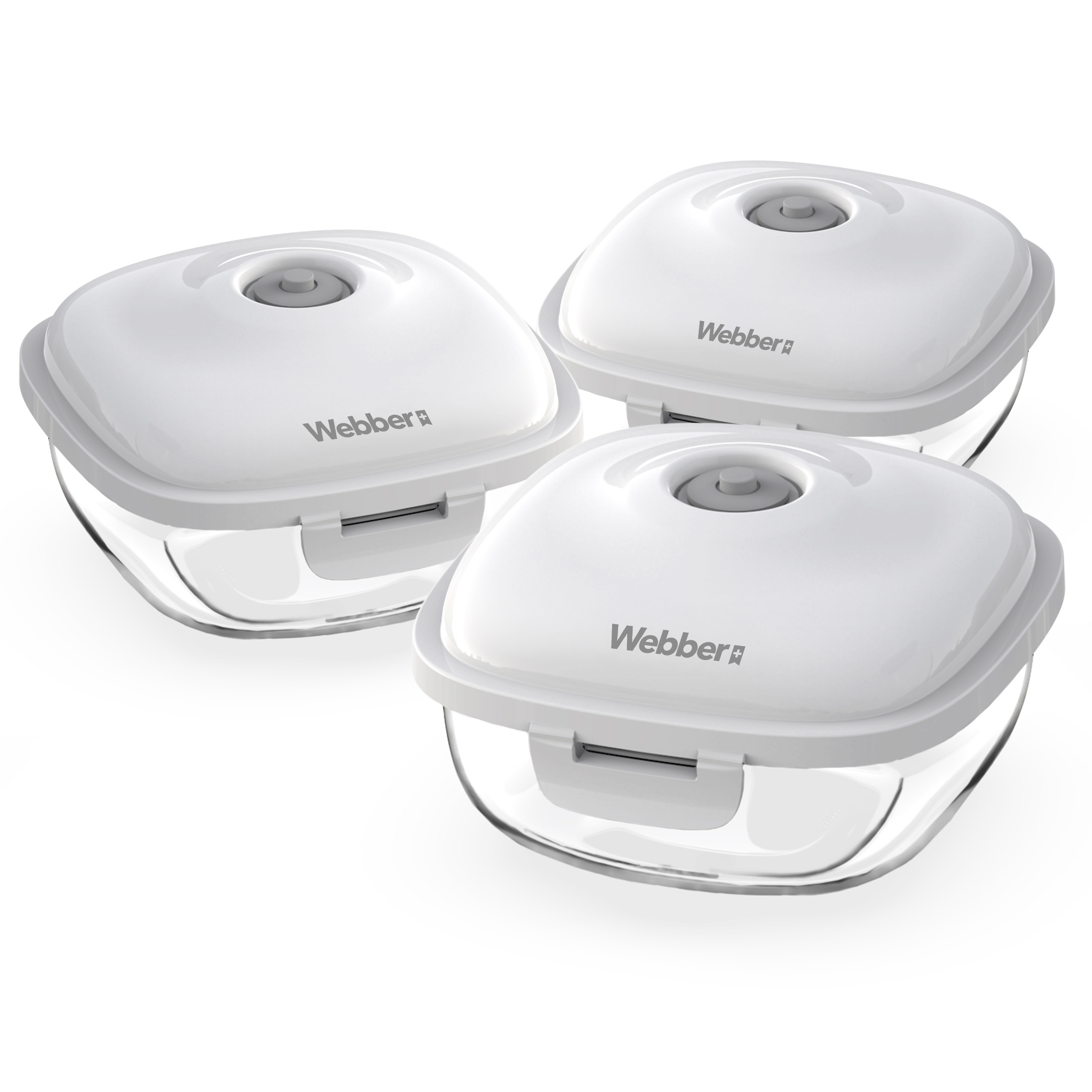 Trzy białe pojemniki na żywność ze szklaną podstawą i szarym przyciskiem.