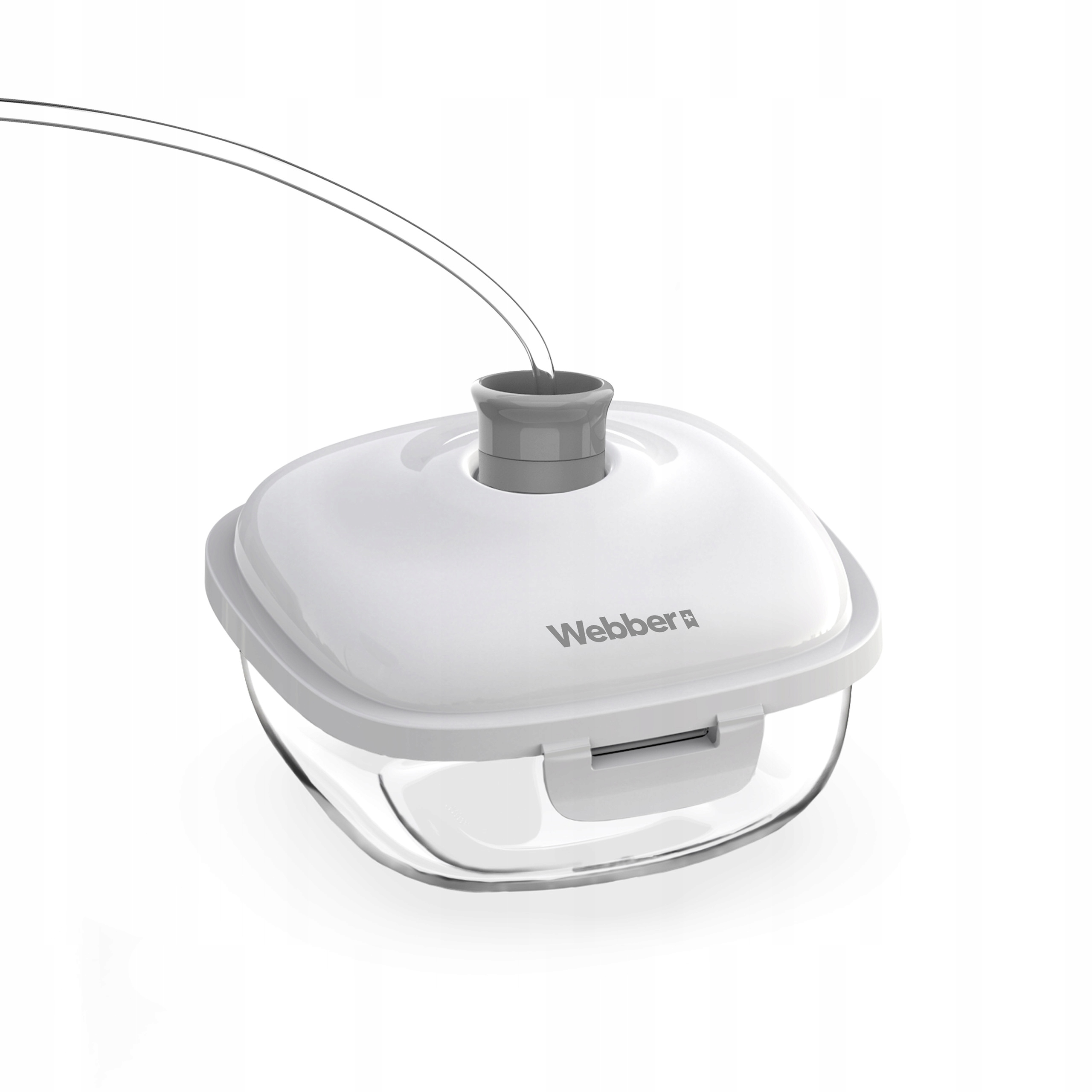 Biały szklany pojemnik z szarą pokrywką i sznurkami, logo Webber.