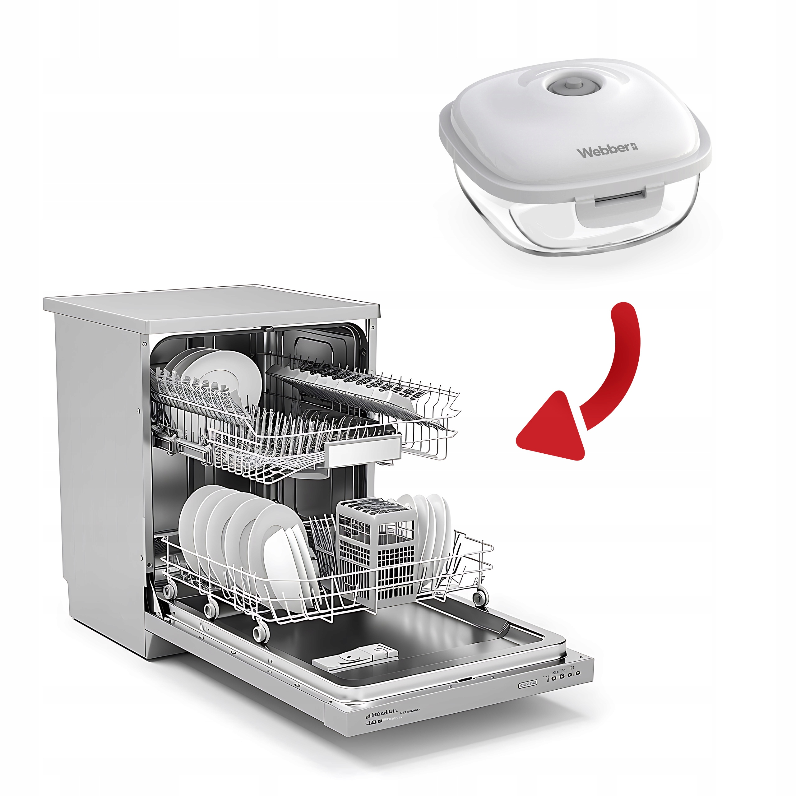 Otwarta zmywarka z talerzami i koszem na sztućce. Powyżej pojemnik próżniowy.