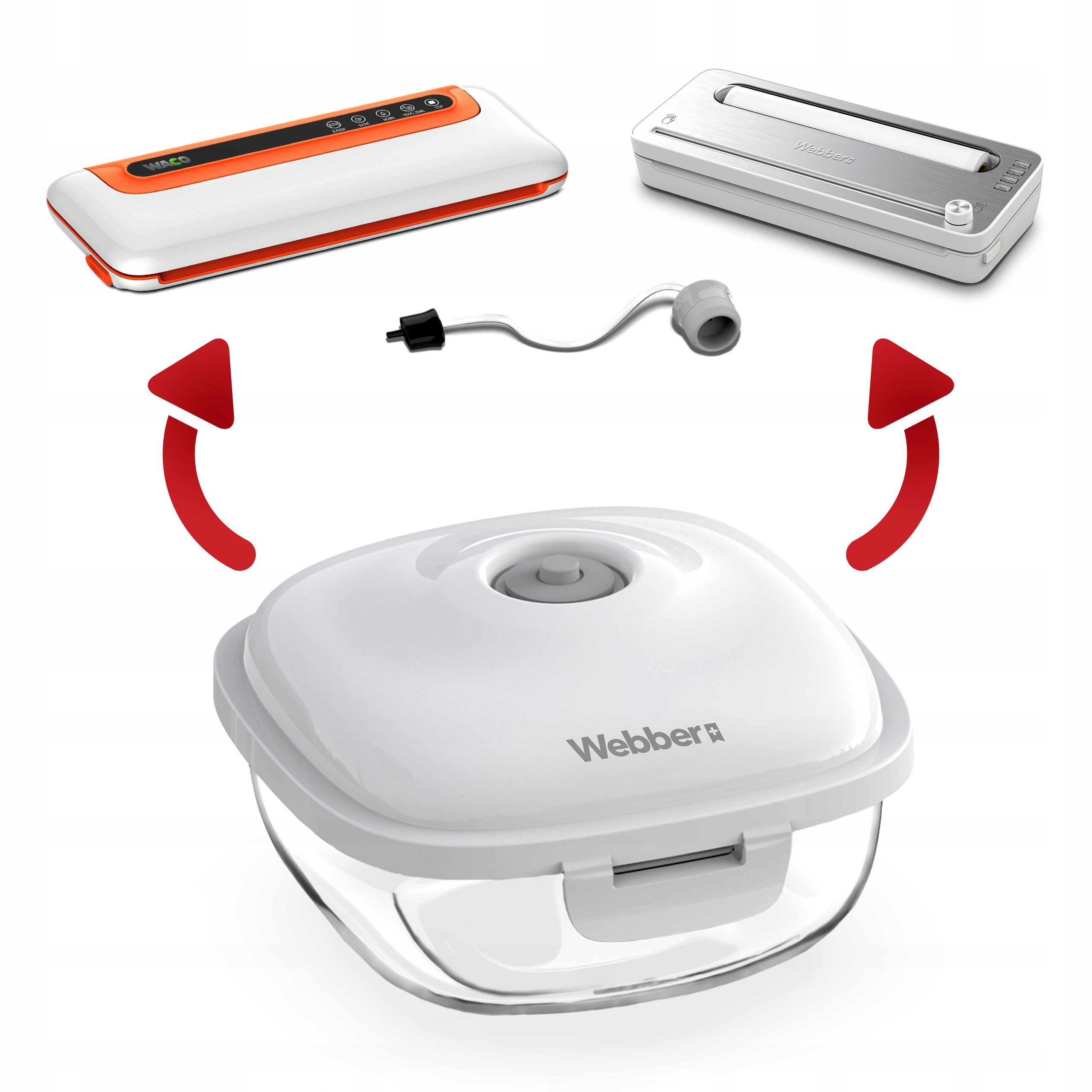 Trzy zgrzewarki próżniowe: pomarańczowa, srebrna i biały pojemnik z wężem.