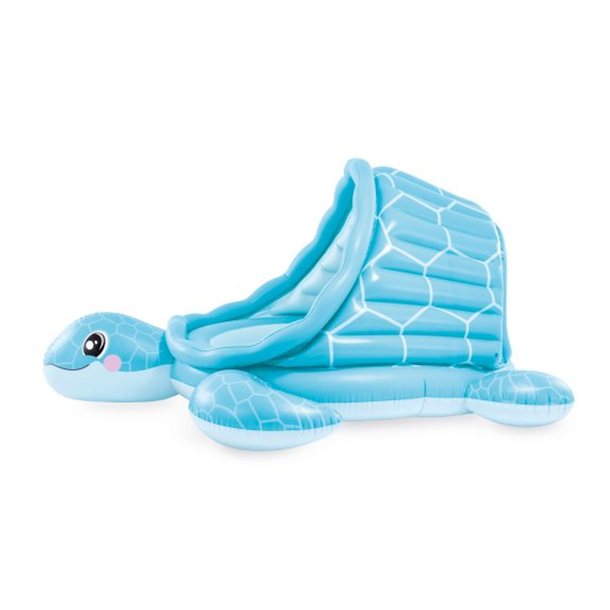 Una piscina gonfiabile a forma di tartaruga blu con scivolo.