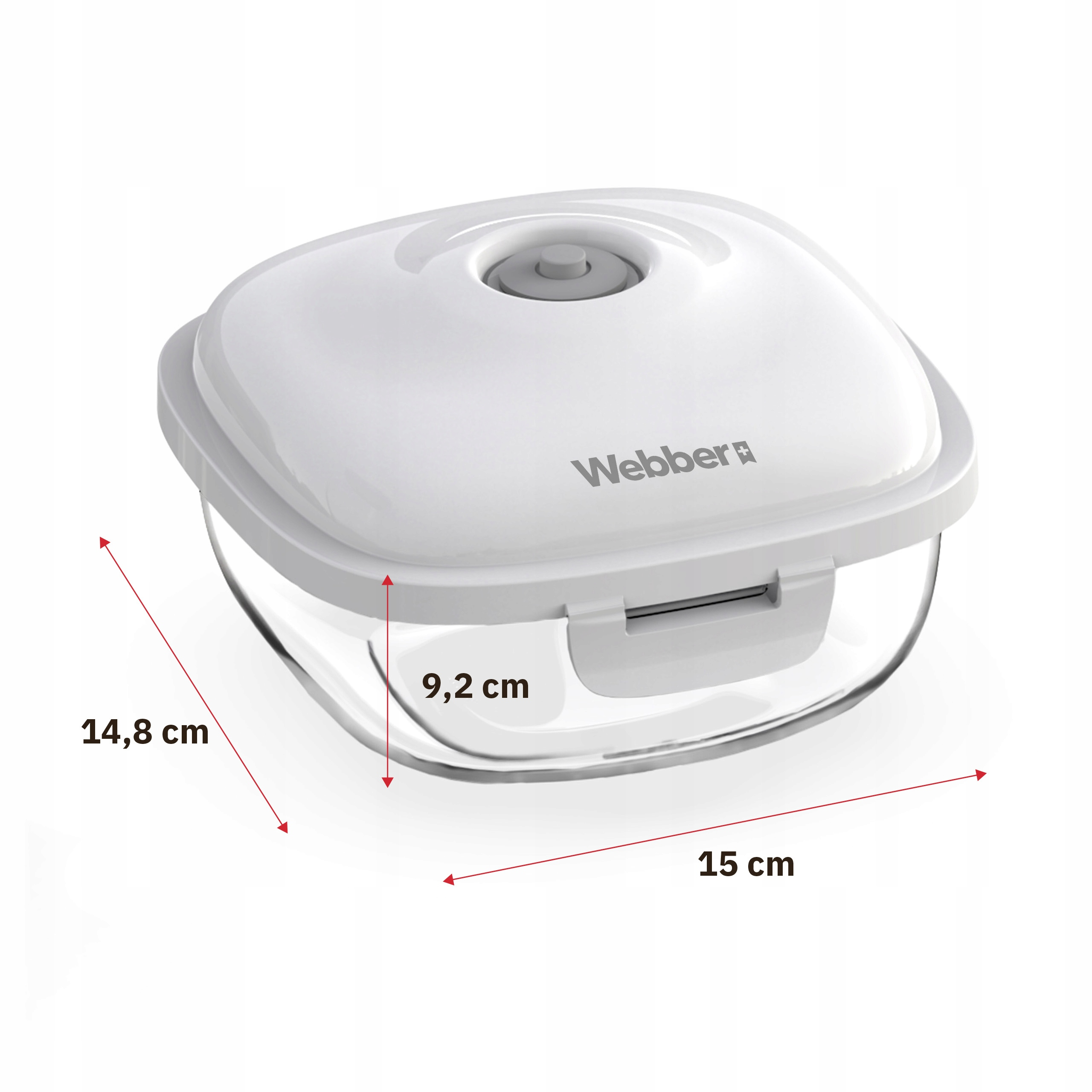 Biały szklano-plastikowy pojemnik na żywność z wymiarami.