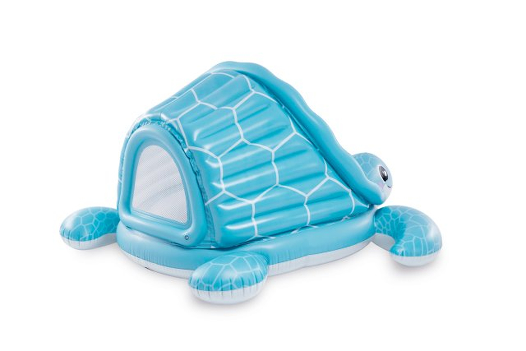 Un galleggiante gonfiabile blu a forma di tartaruga con un motivo esagonale bianco sul guscio.
