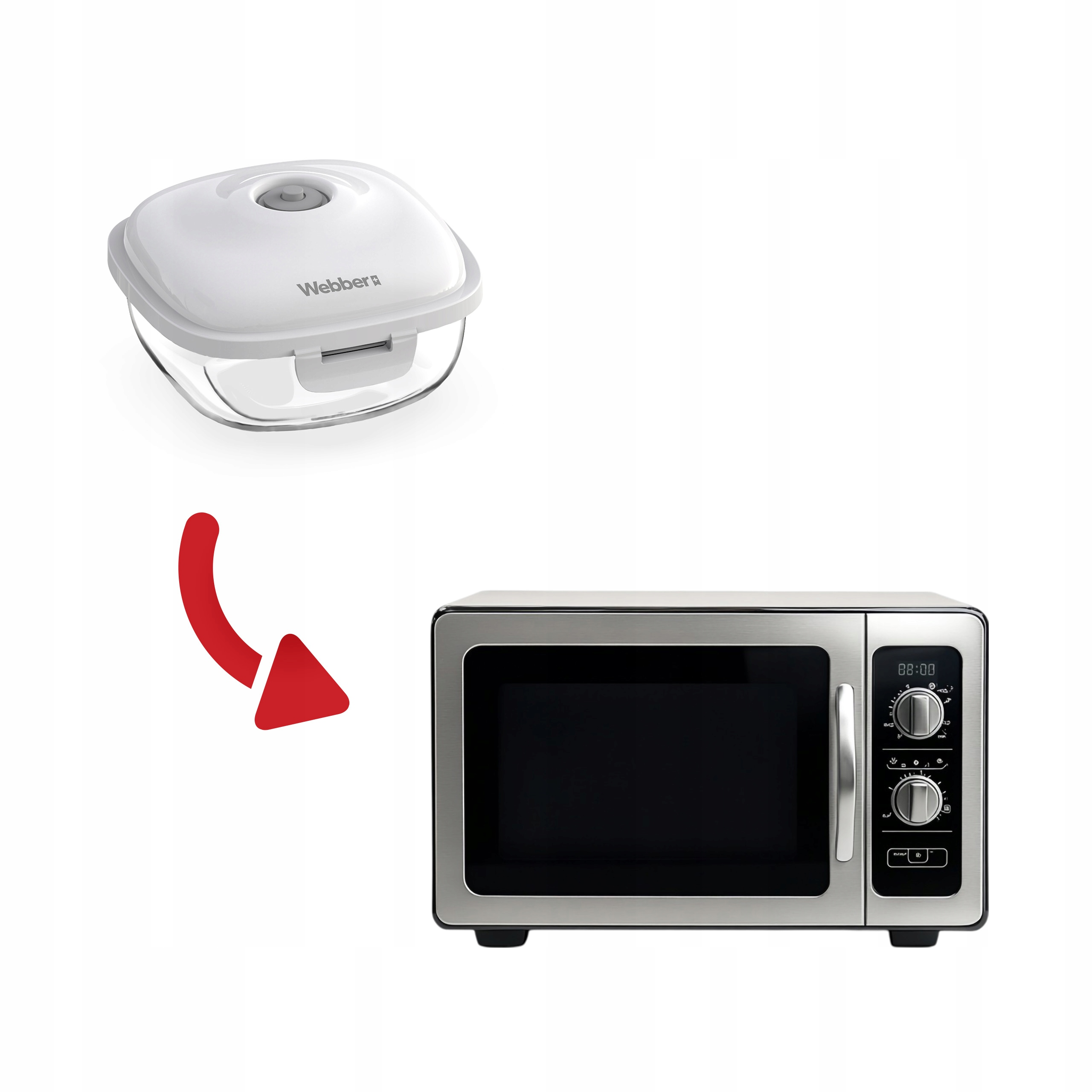 Biały pojemnik z pokrywką i kuchenka mikrofalowa z srebrnym frontem.