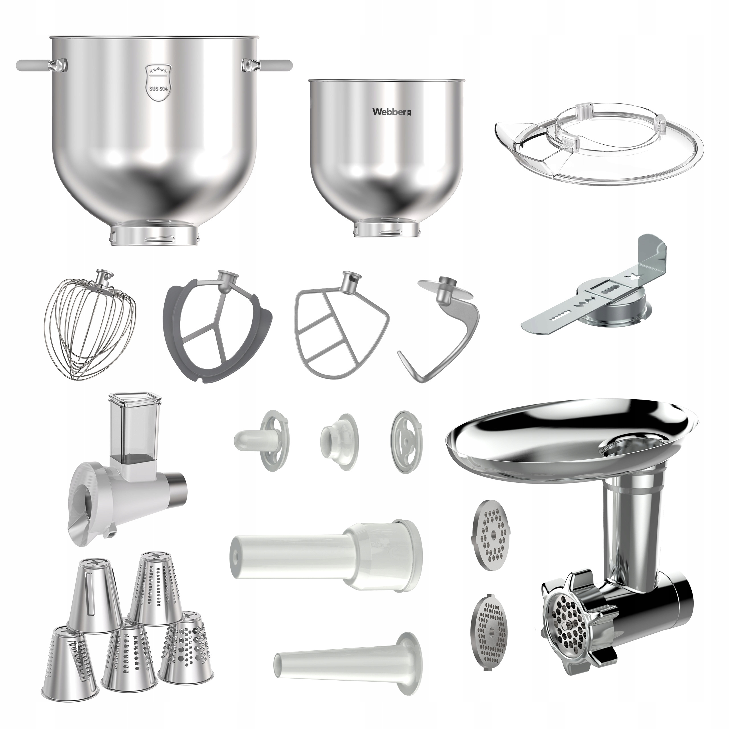 Akcesoria miksera: misy, trzepaczka, hak, maszynka do mięsa, tarki.