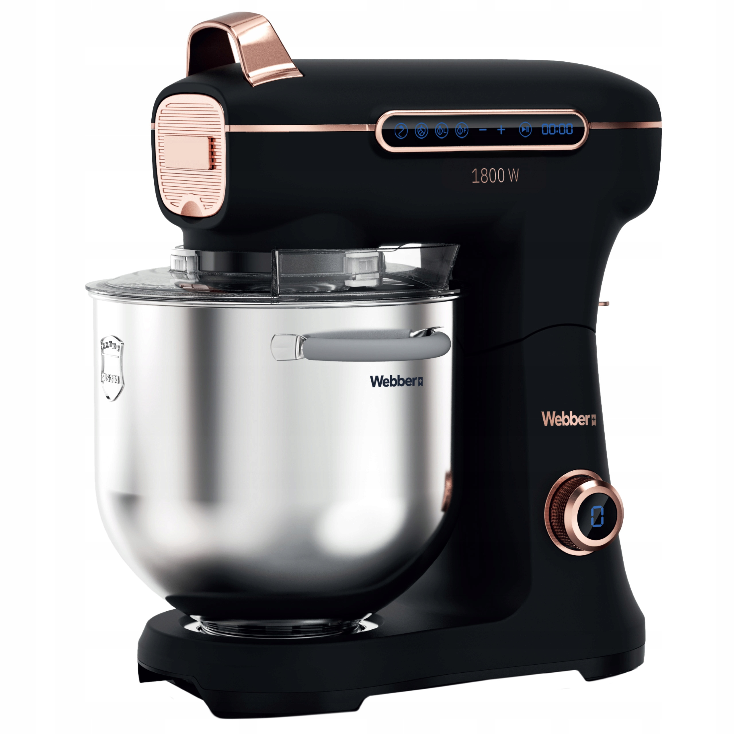 Czarny mikser kuchenny ze stalową misą, detalami w kolorze różowego złota i cyfrowym wyświetlaczem.