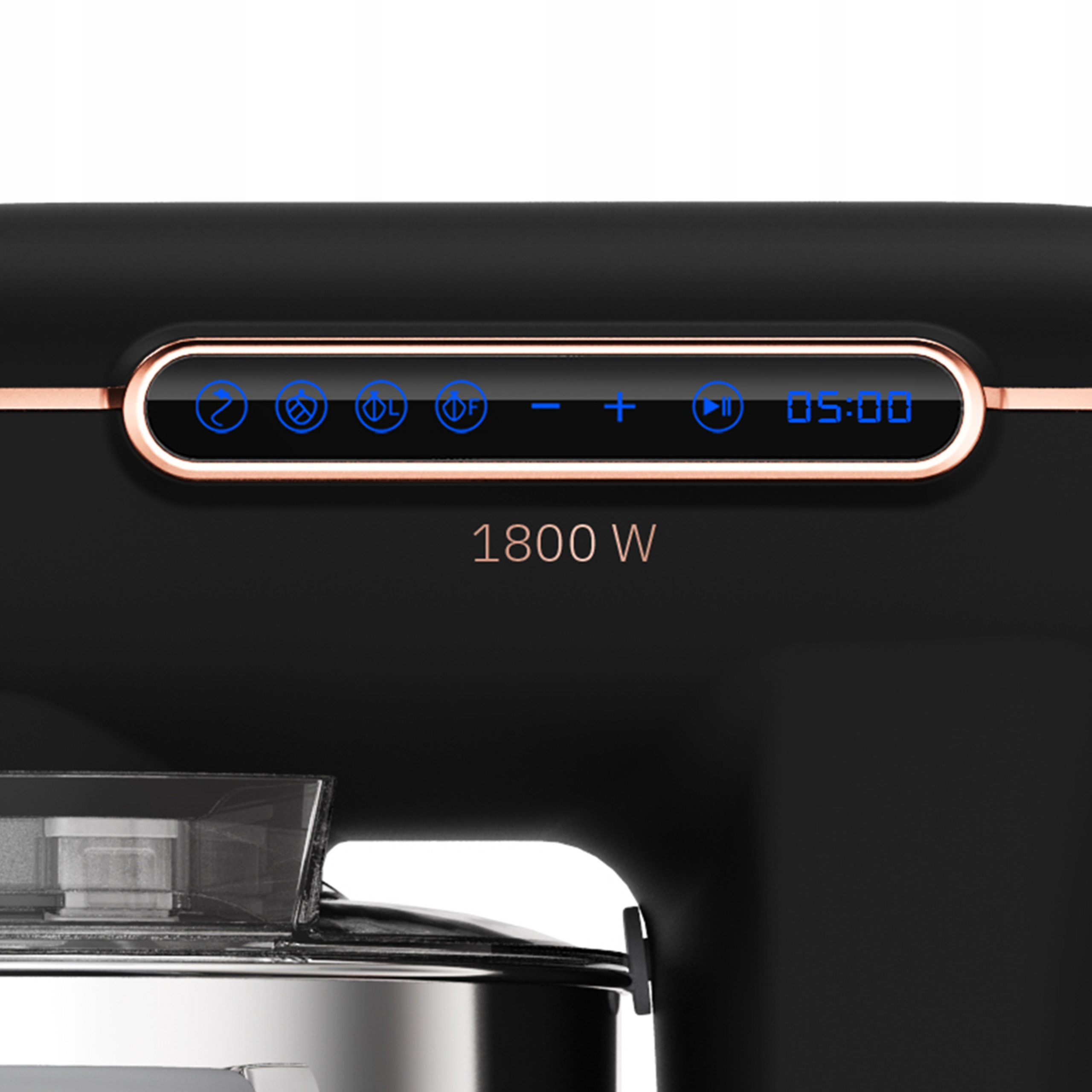Czarne urządzenie z różowo-złotą ramką, niebieskimi ikonami i wyświetlaczem 05:00.