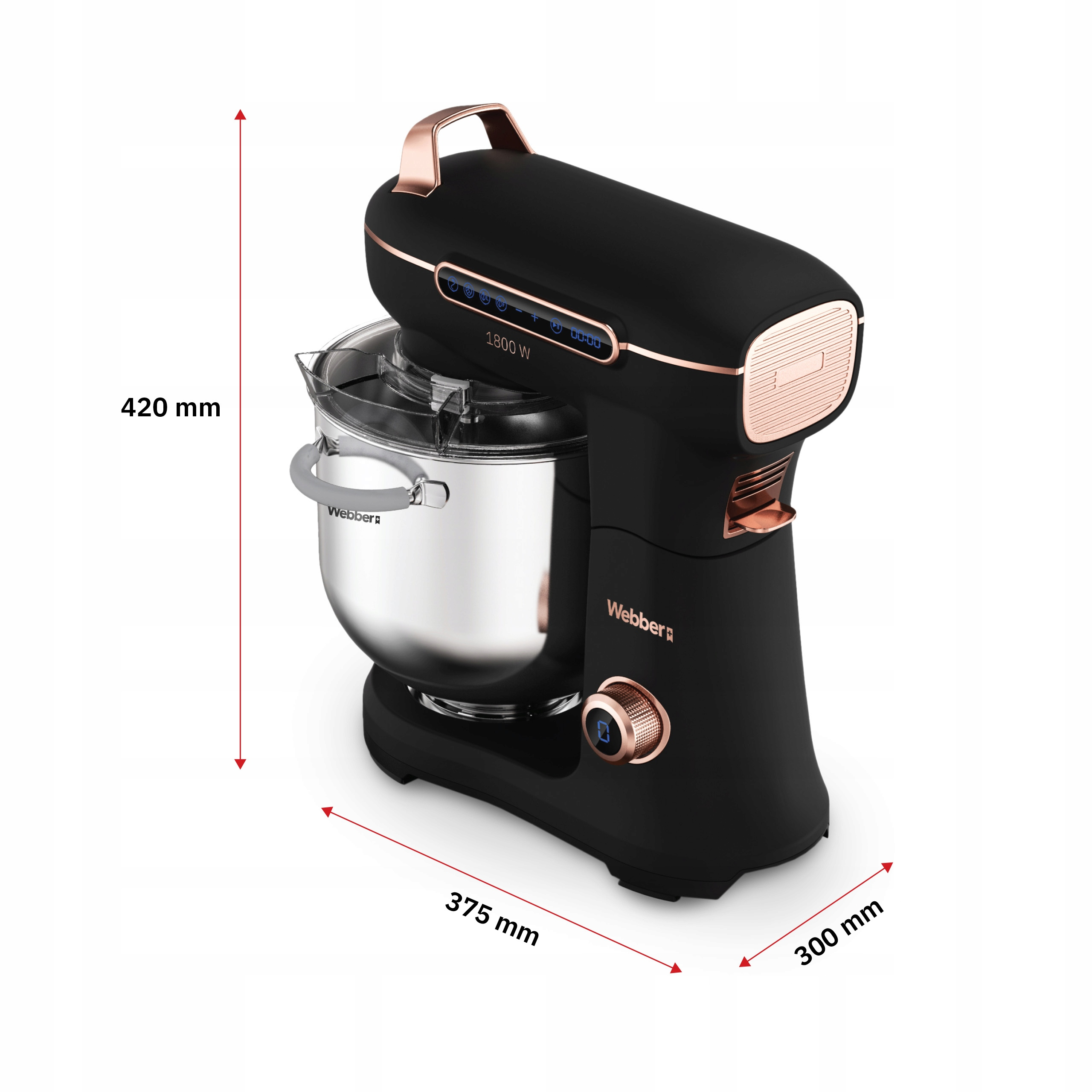Czarny mikser kuchenny z miedzianymi detalami, 1800W. Wymiary: 420x375x300 mm.