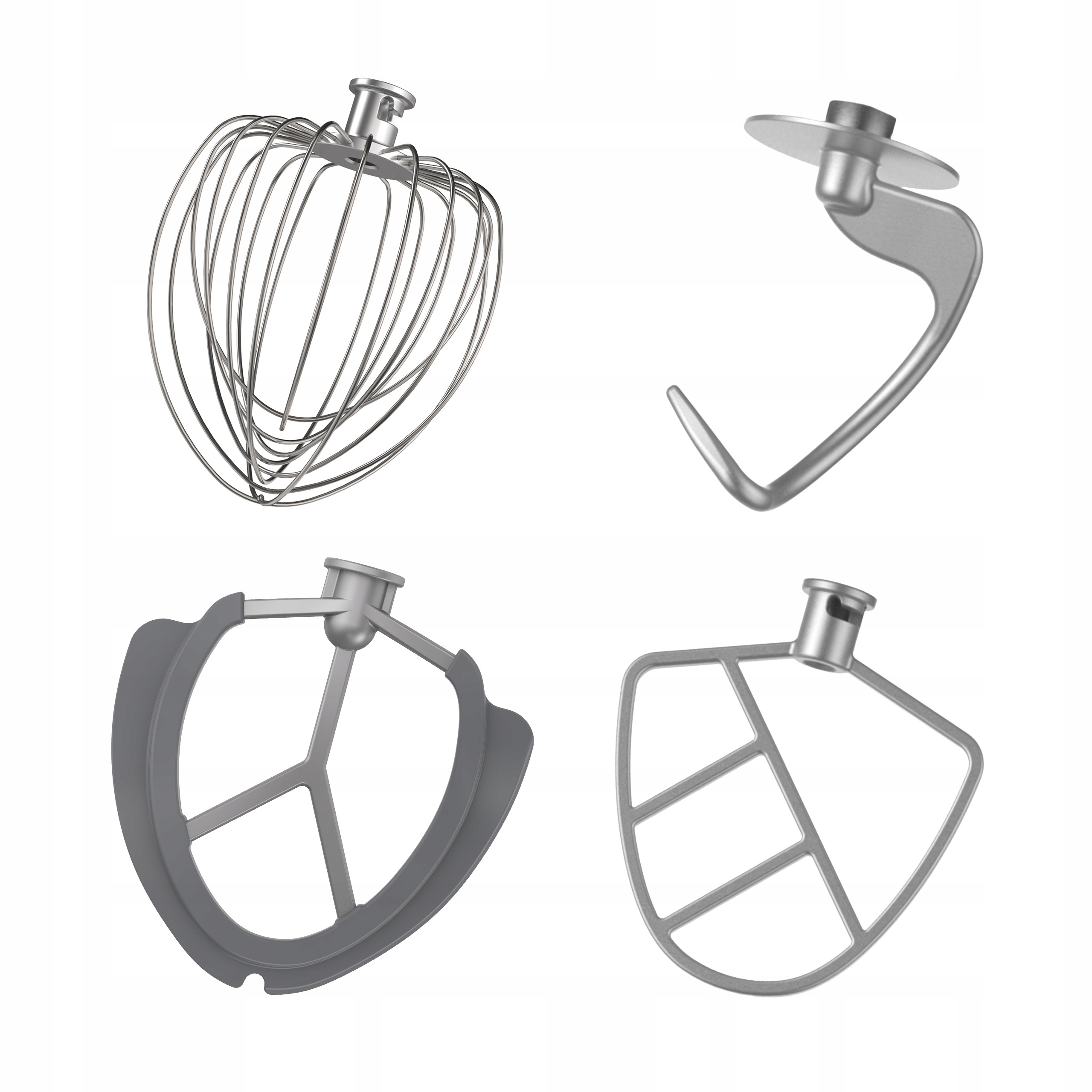 Cztery akcesoria do miksera kuchennego: trzepaczka, hak do ciasta, mieszadło i skrobak.