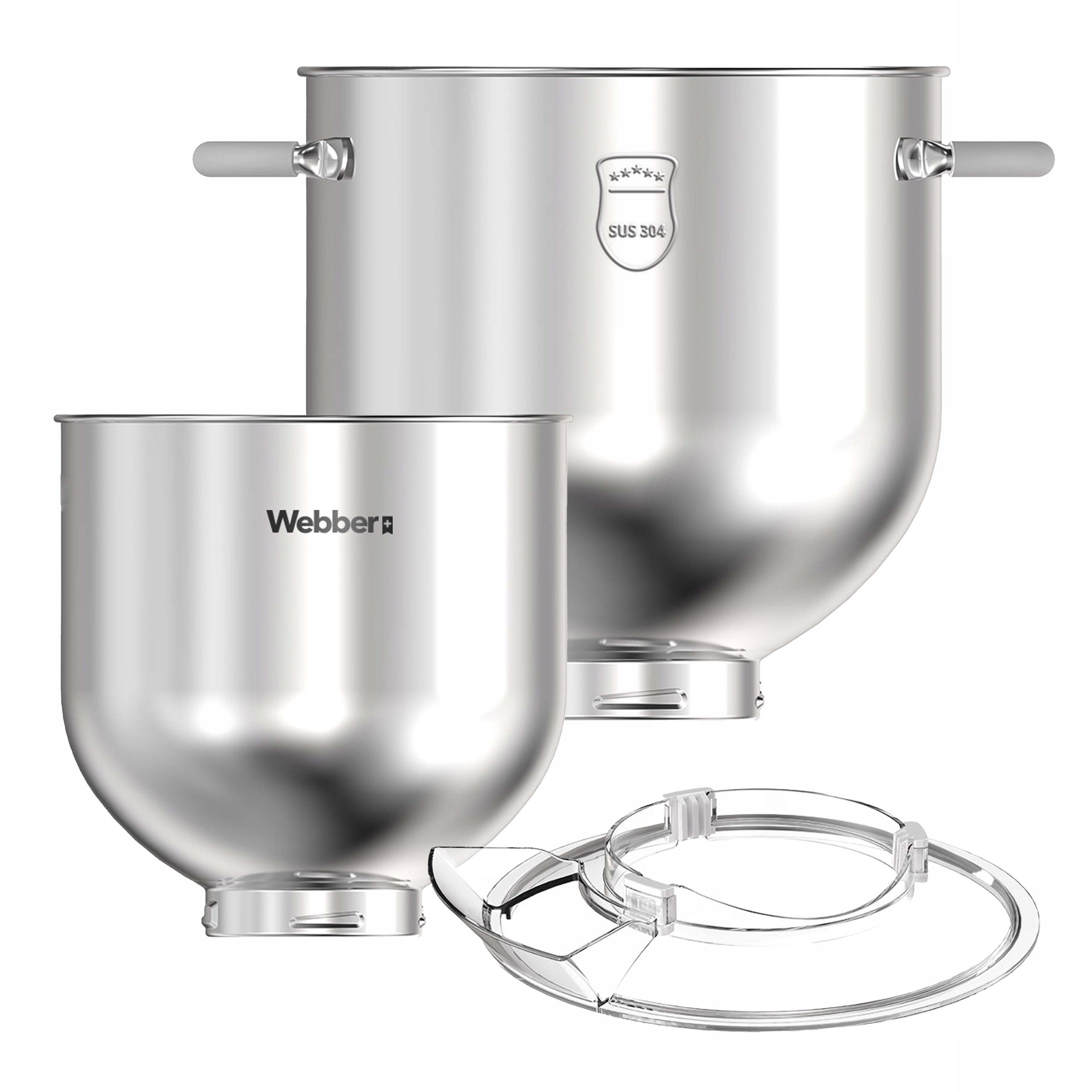 Pokazano dwie misy ze stali nierdzewnej i przezroczystą plastikową pokrywę.