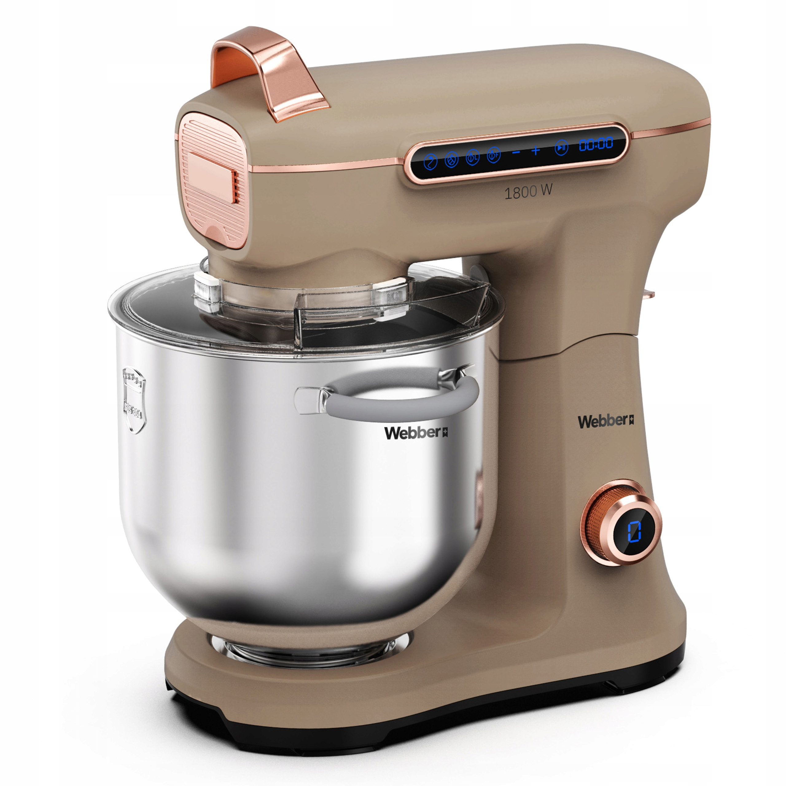 Beżowy mikser stojący z srebrną misą i miedzianymi detalami.