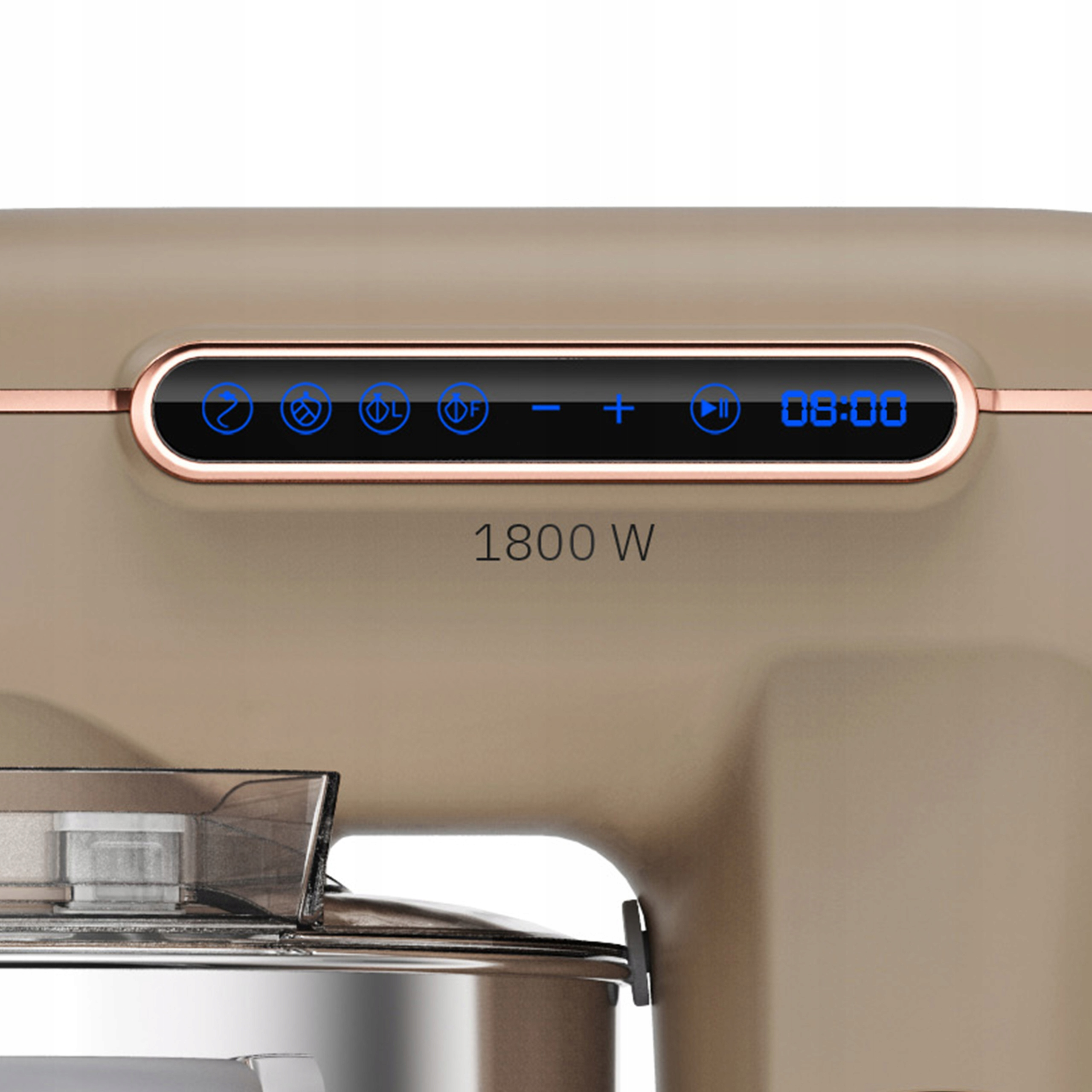 Beżowy mikser kuchenny z cyfrowym wyświetlaczem 08:00 i mocą 1800W.
